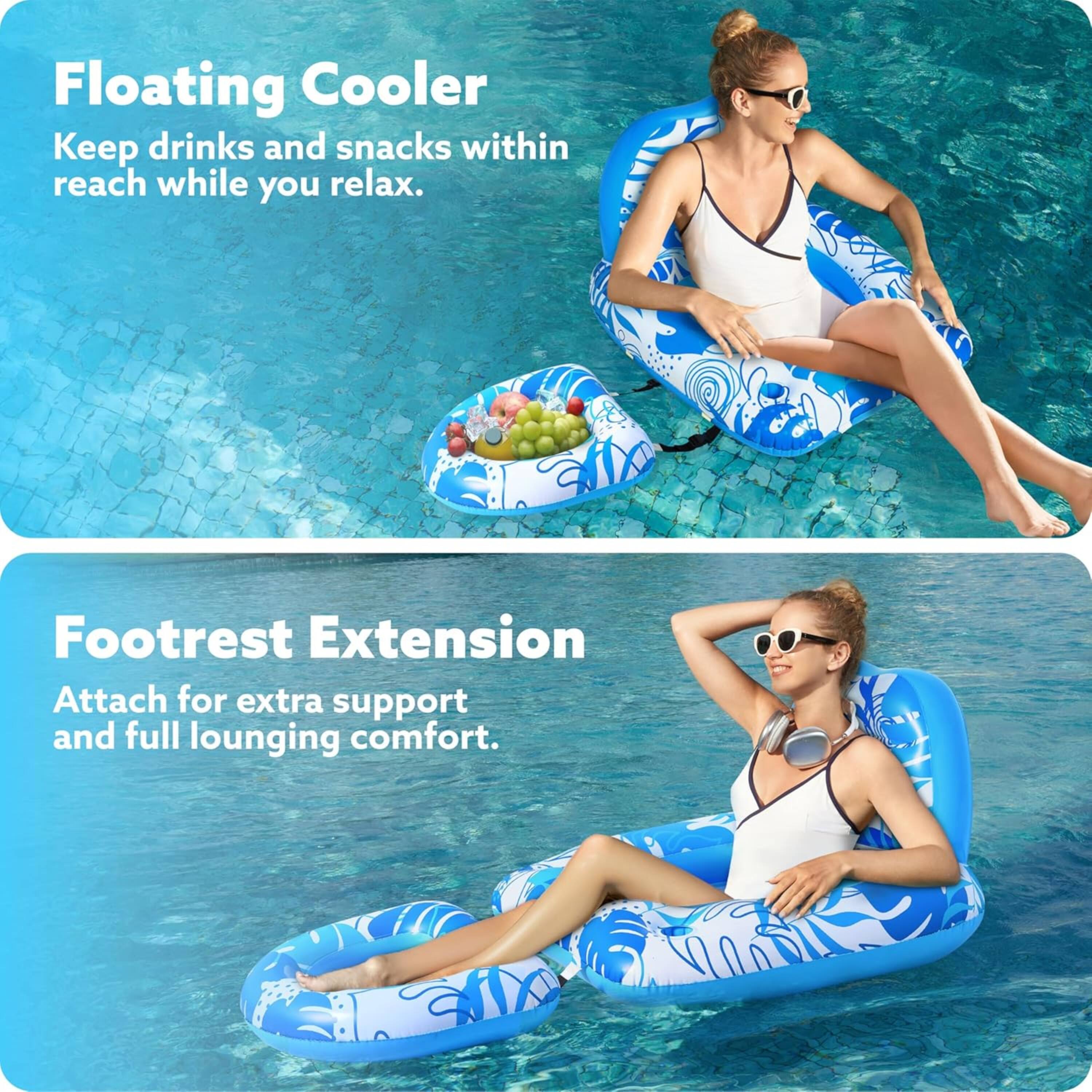 Floating Cooler  
Keep drinks and snacks within reach while you relax.  

Footrest Extension  
Attach for extra support and full lounging comfort.