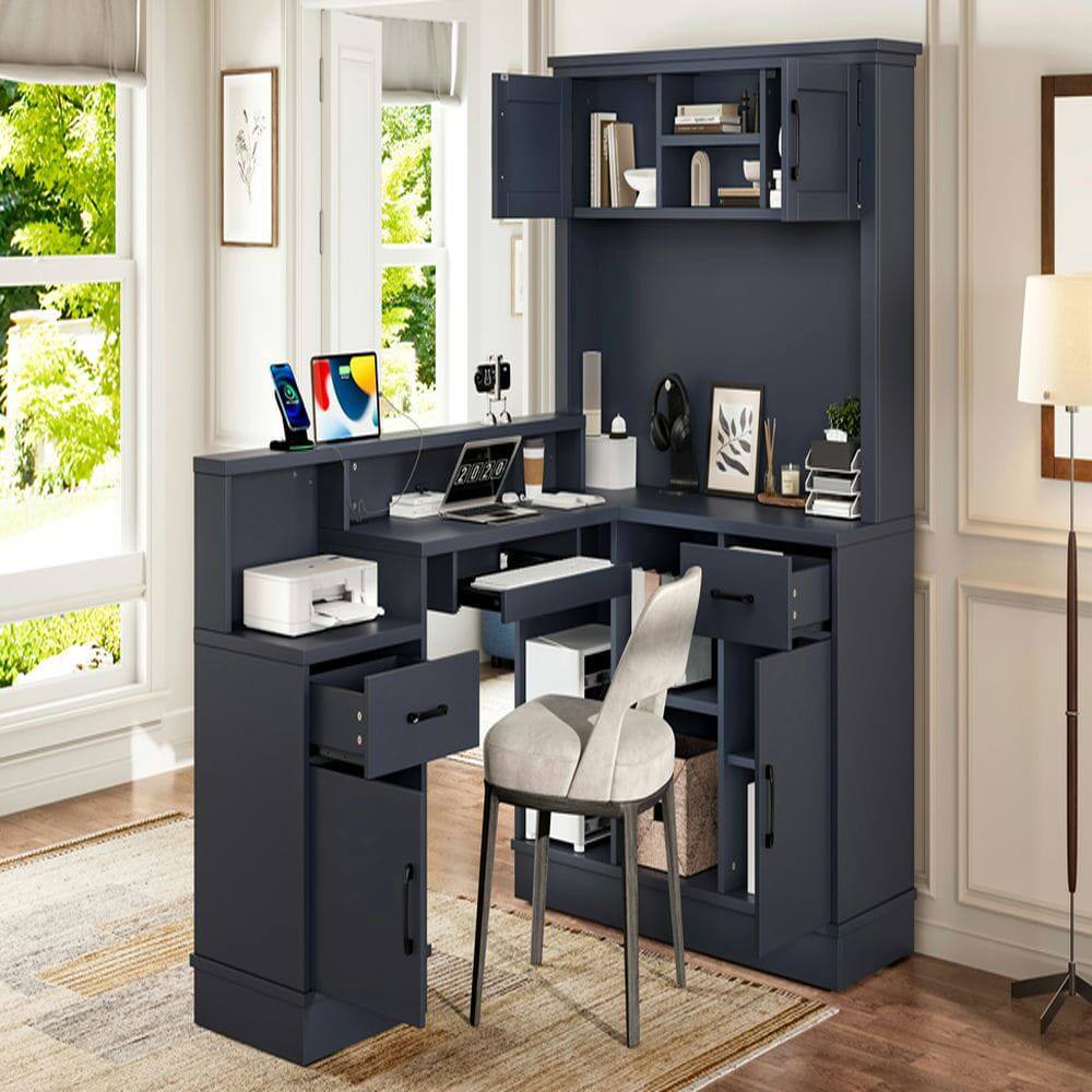 Alt View 6. Kadyn - L-Shaped Computer Corner Desk with Outlet, Drawers & Bookshelf, Gaming Study Writing Desk, Blue - Blue.