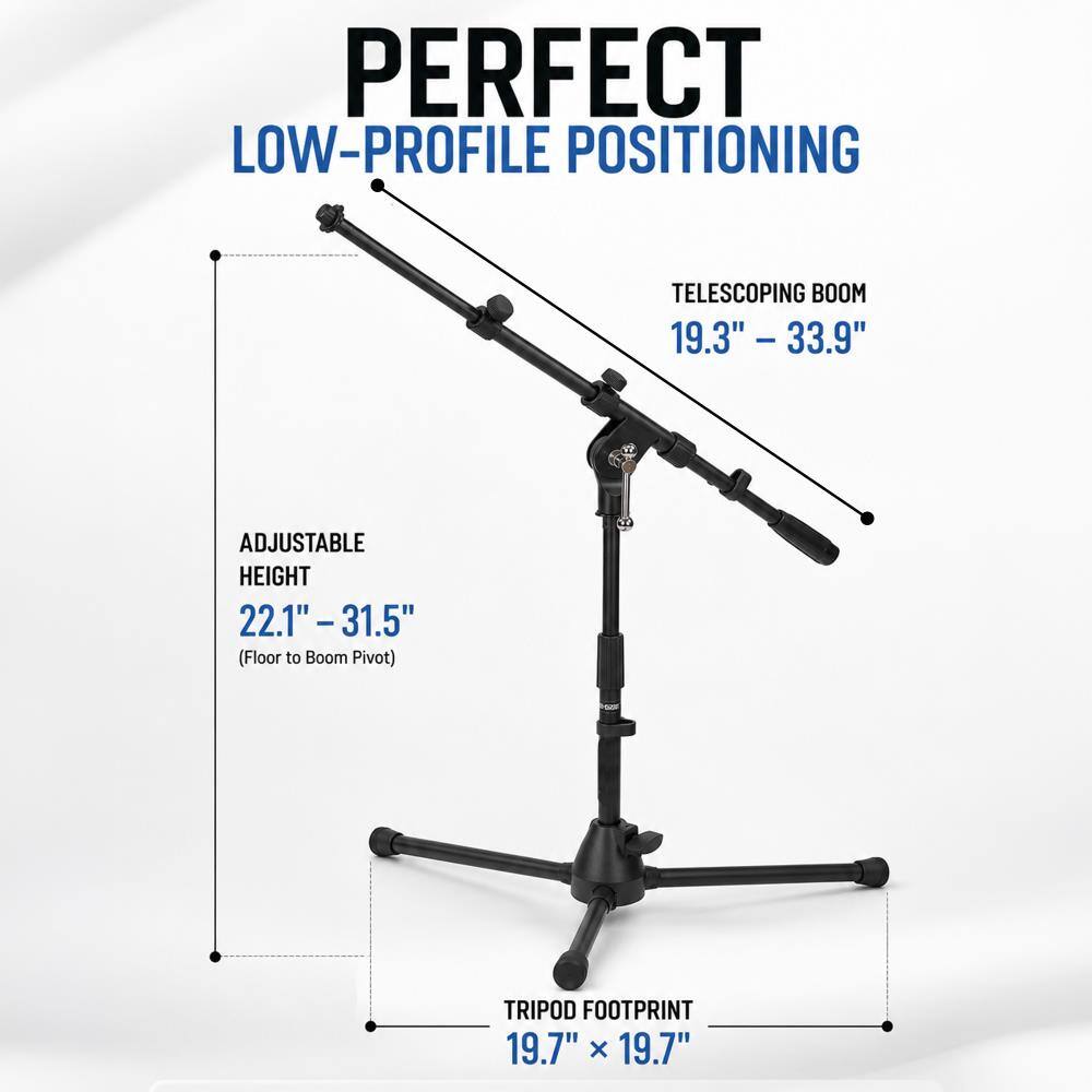 PERFECT LOW-PROFILE POSITIONING

TELESCOPING BOOM 19.3" - 33.9"

ADJUSTABLE HEIGHT 22.1" - 31.5" (Floor to Boom Pivot)

TRIPOD FOOTPRINT 19.7" X 19.7"