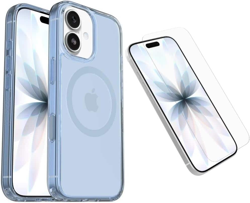 OtterBox - iPhone 17 (Only) Bundle: Symmetry Clear Series+ Case & Screen Protector - Snaps to MagSafe - Ultra-Sleek - Blue Bliss (Clear/Blue)