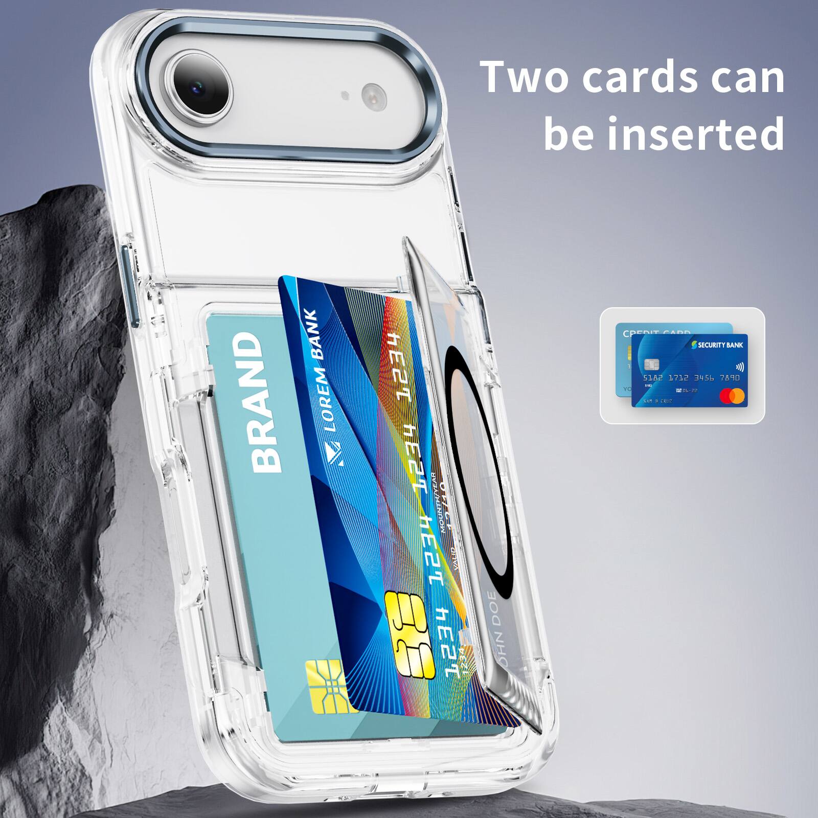 Two cards can be inserted  
BANK BRAND  
LOREM 1234 1234  
MONTH/VEAR  
T 1234 21  
P 1234  
DOE JOHN  
CRen DECUCACO  
SECURITY BANK  
51A2 1712 1956  
7A'0
