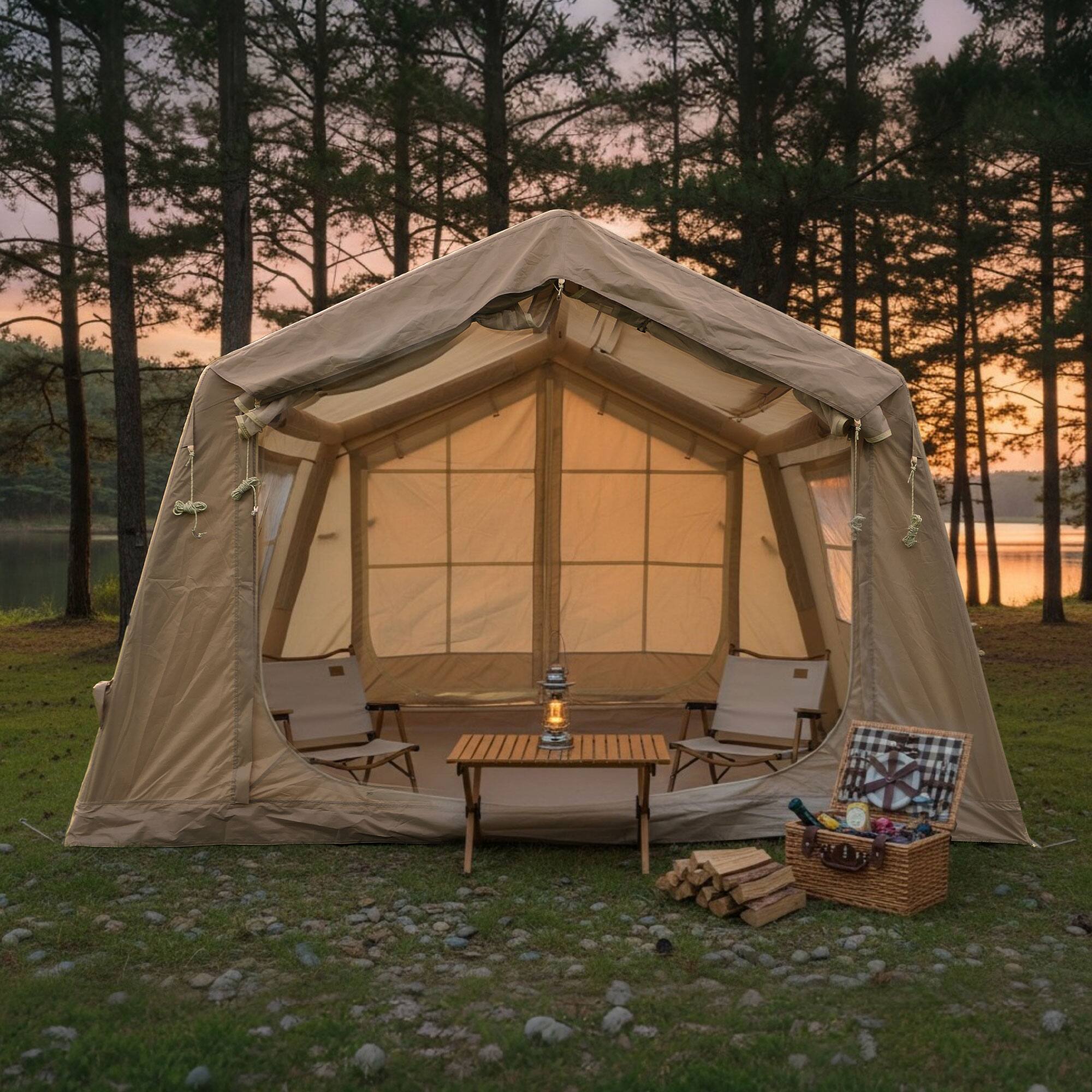 Front. Tiramisubest - 8m² Inflatable Camping Tent with Hand Pump, Easy Setup, Waterproof, 4-8 Person, Stove Jack & AC Port - Beige.