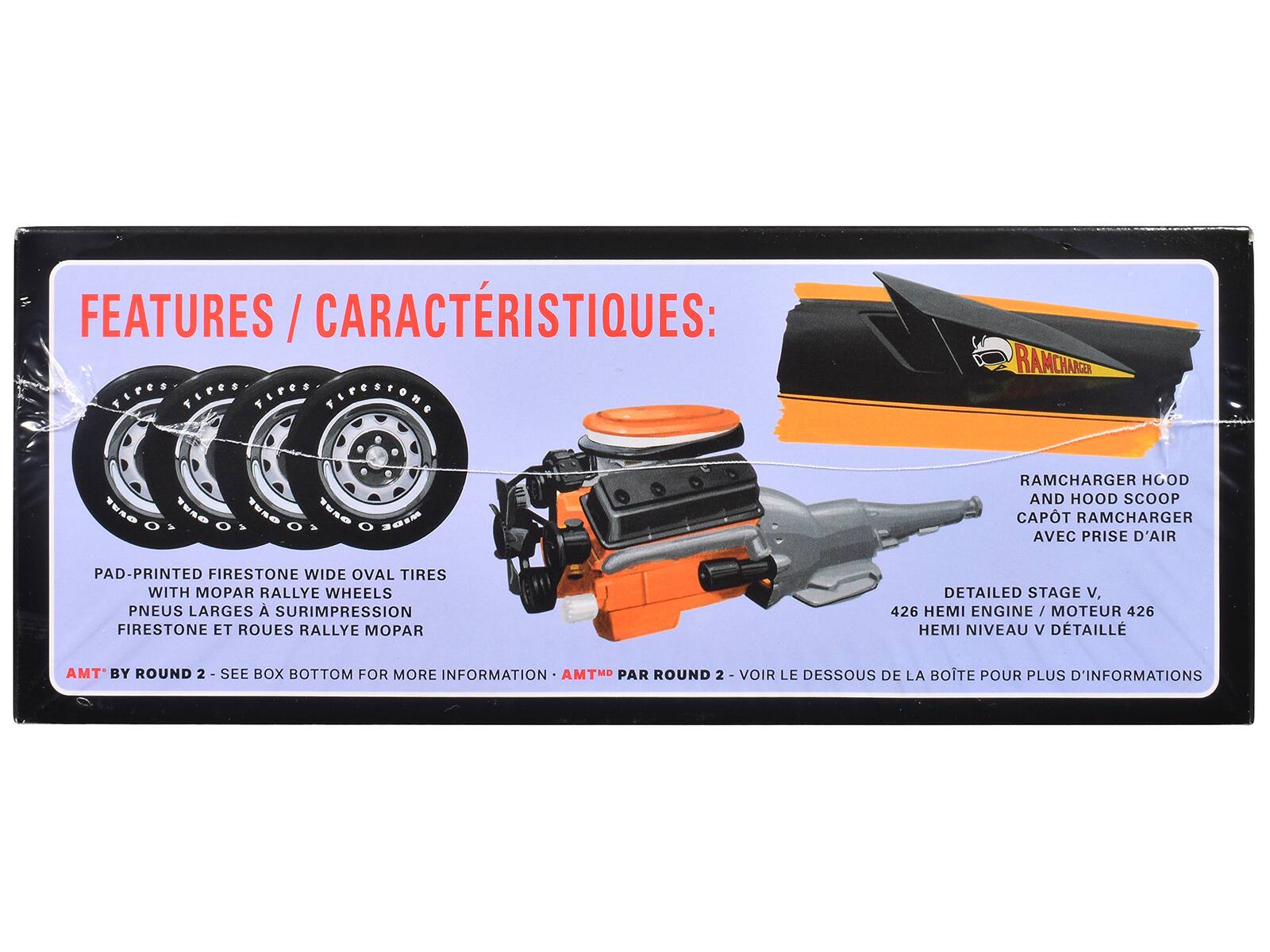 **FEATURES / CARACTÉRISTIQUES:**

- PAD-PRINTED FIRESTONE WIDE OVAL TIRES WITH MOPAR RALLYE WHEELS  
  PNEUS LARGES À SURIMPRESSION FIRESTONE ET ROUES RALLYE MOPAR

- RAMCHARGER HOOD AND HOOD SCOOP  
  CAPOT RAMCHARGER AVEC PRISE D'AIR

- DETAILED STAGE V. 426 HEMI ENGINE  
  MOTEUR 426 HEMI NIVEAU V DÉTAILLÉ

- AMT BY ROUND 2 - SEE BOX BOTTOM FOR MORE INFORMATION  
  AMT® PAR ROUND 2 - VOIR LE DESSOUS DE LA BOÎTE POUR PLUS D'INFORMATIONS