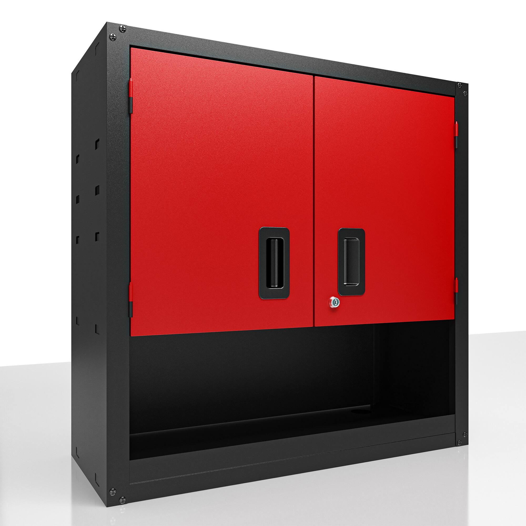 Front. TinyHomie - Garage Wall Cabinet with Locking Doors and Adjustable Shelf, Metal Wall Cabinet, Floating Upper Storage Cabinet in Red - Red+Black.