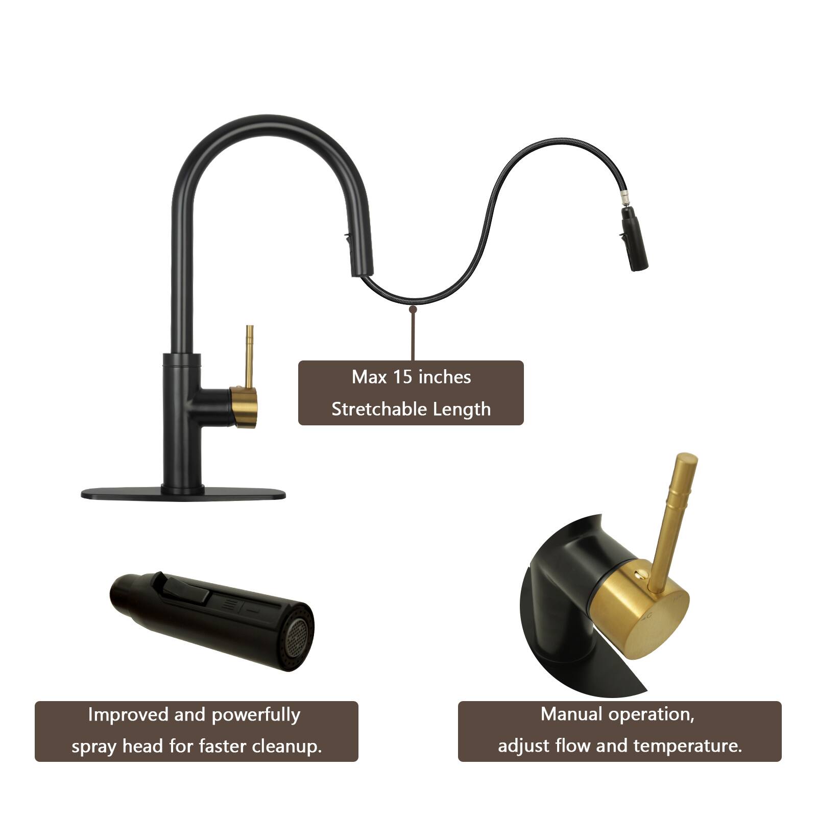 Max 15 inches Stretchable Length  
Improved and powerfully spray head for faster cleanup.  
Manual operation, adjust flow and temperature.
