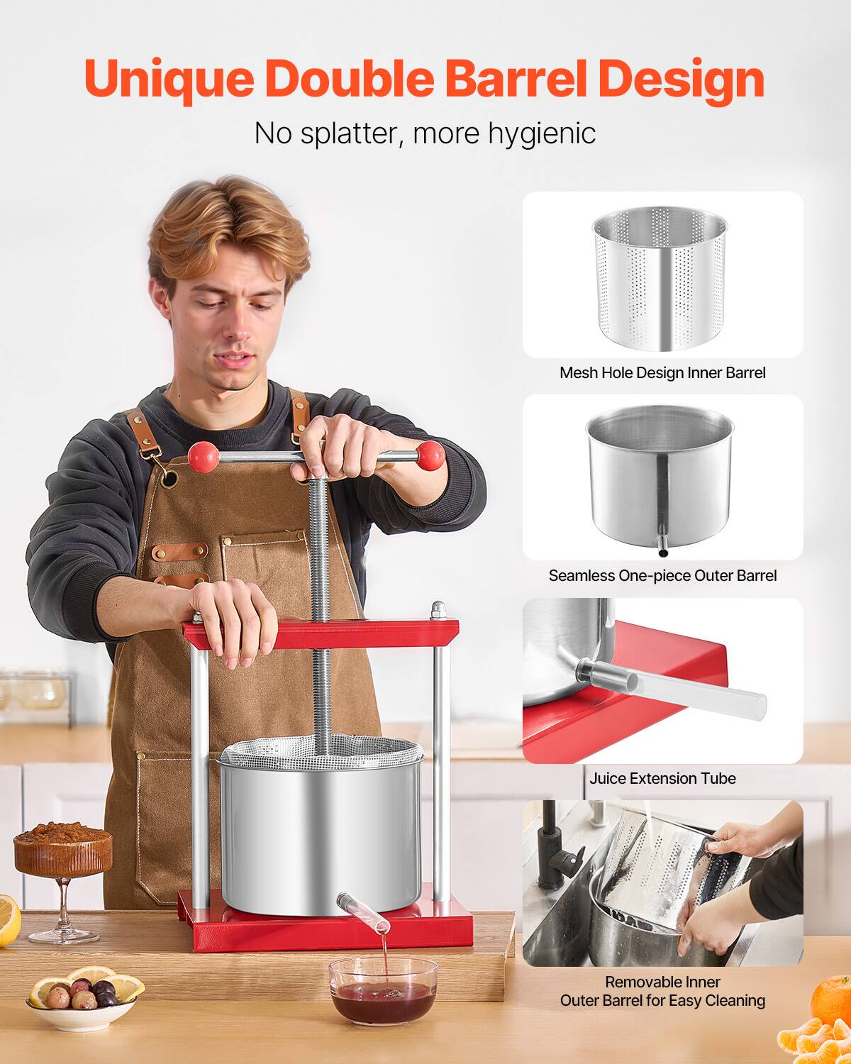 Unique Double Barrel Design  
No splatter, more hygienic  

Mesh Hole Design Inner Barrel  
Seamless One-piece Outer Barrel  
Juice Extension Tube  
Removable Inner Outer Barrel for Easy Cleaning