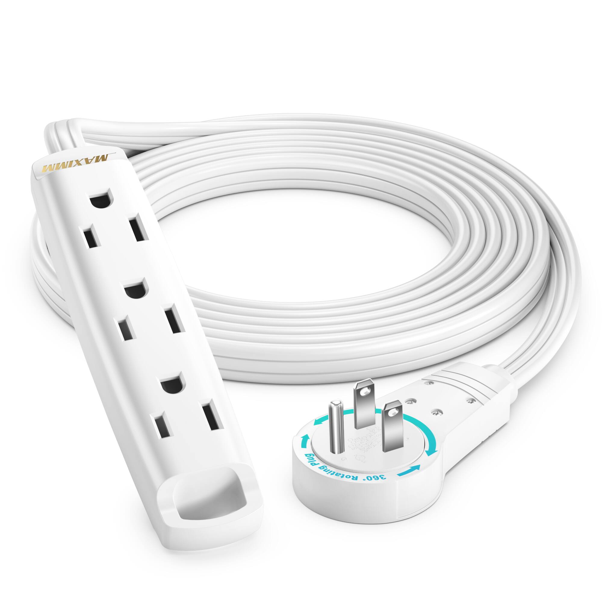 Maximm - 6 Ft 360° Rotating Flat Plug Extension Cord with 3 Outlets on One Side, Space-Saving Design, UL-Certified - White