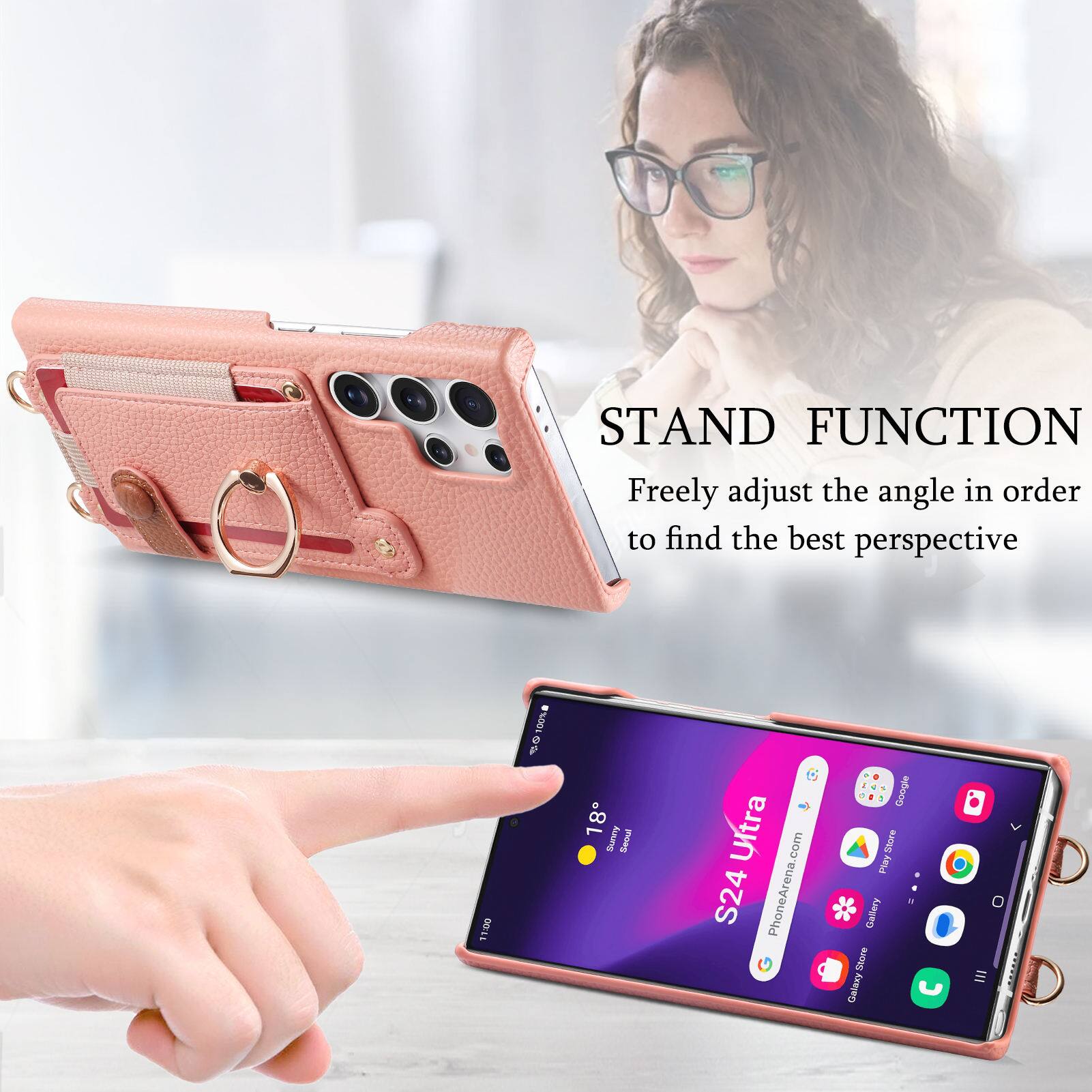 STAND FUNCTION  
Freely adjust the angle in order to find the best perspective

11:00  
18° Sunny

S24 Ultra  
PhoneArena.com

Google Store  
Play Store  
Gallery  
Samsung