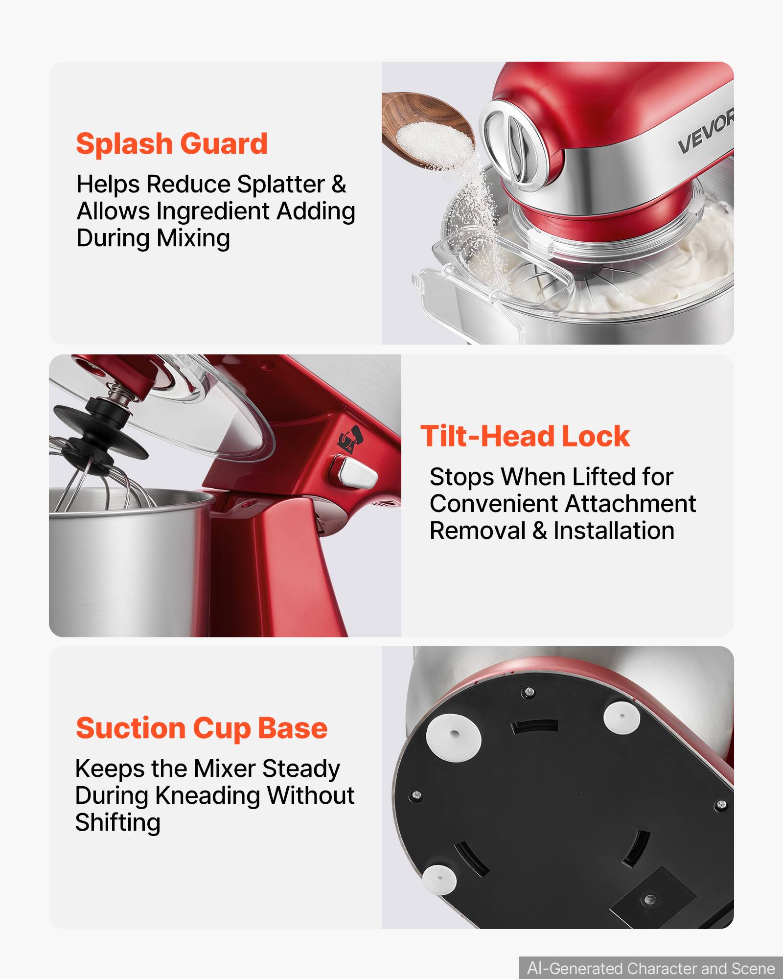 Splash Guard Helps Reduce Splatter & Allows Ingredient Adding During Mixing

VEVOR

Tilt-Head Lock Stops When Lifted for Convenient Attachment Removal & Installation

Suction Cup Base Keeps the Mixer Steady During Kneading Without Shifting

AI-Generated Character and Scene