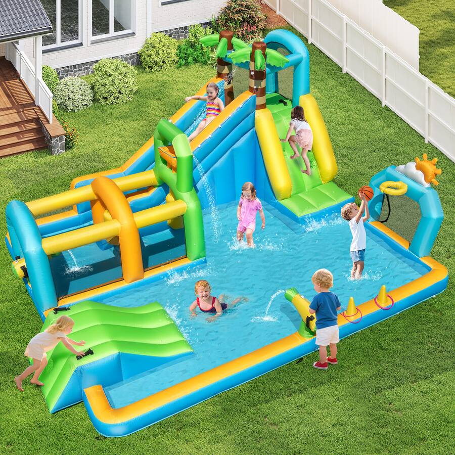 Costway Inflatable Water Park with Climbing Wall Basketball Rim Target ...
