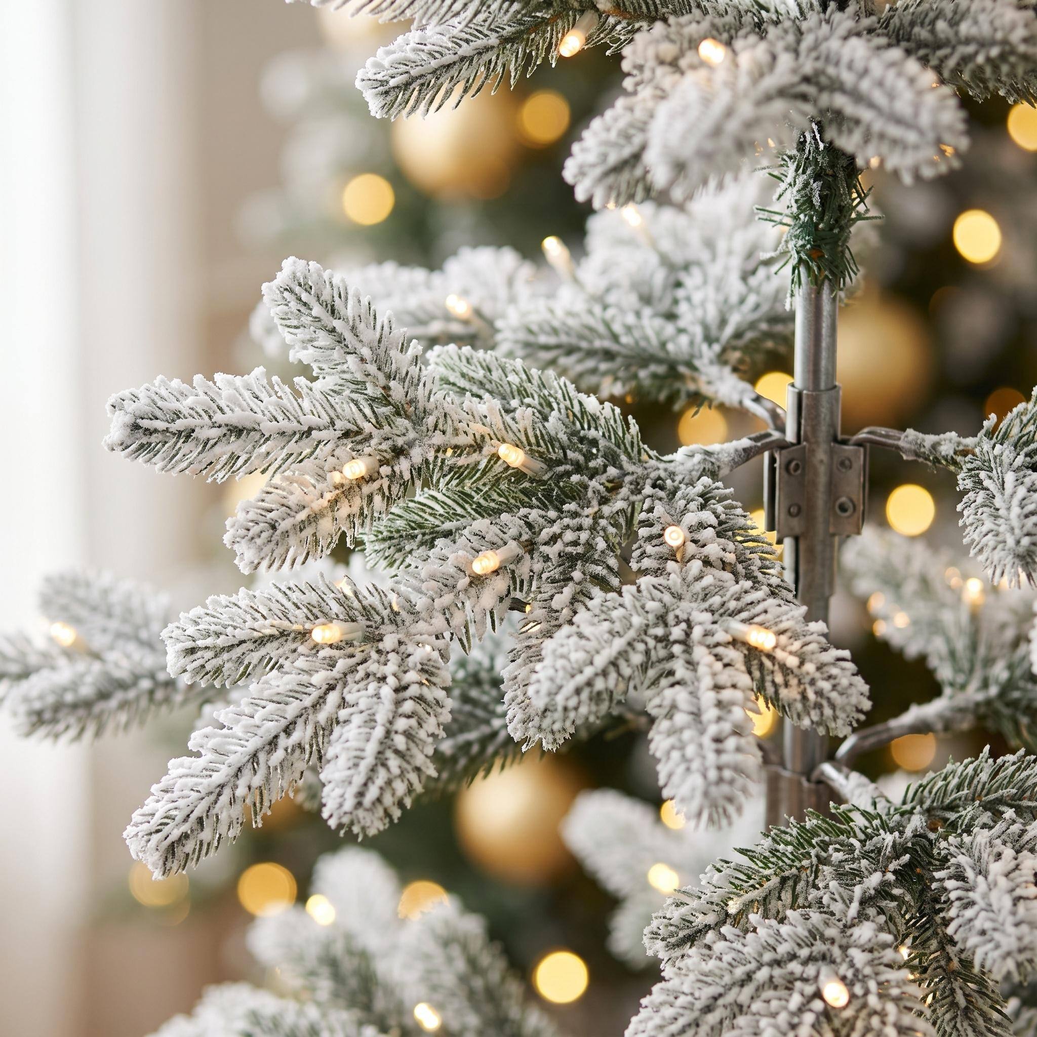 Alt View 5. Forest'nSky - 7.5 ft. Flocked Christmas Tree with 500 Warm White LED Lights, 1252 Tips, Hinged Design, and Metal Stand - Green,White.