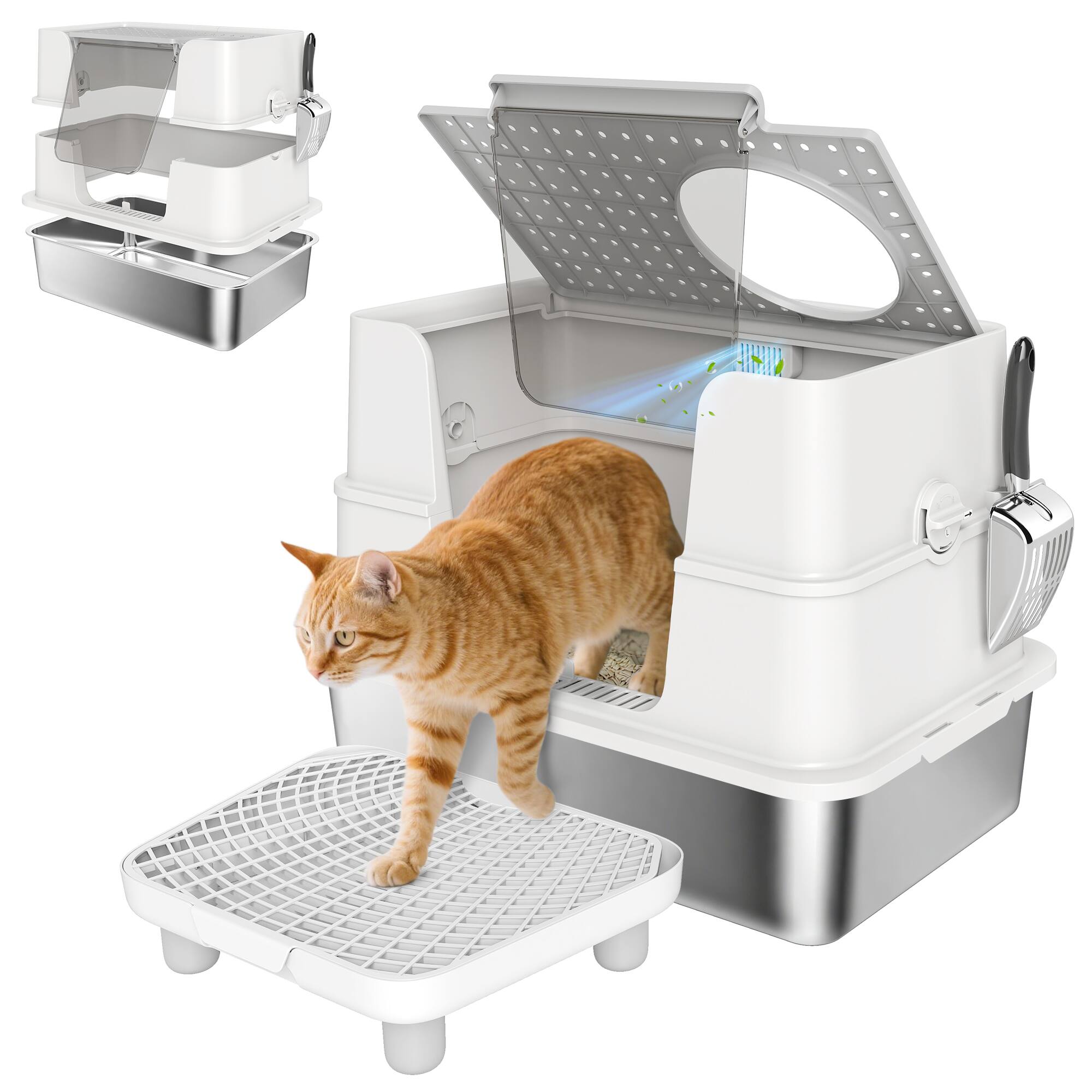 Front. Pawhut - XL Stainless Steel Litter Box with Lid, Extra Large Enclosed Litter Box for Big Cats w/Top & Side Entry, 100° Flip Top - Light Gray.