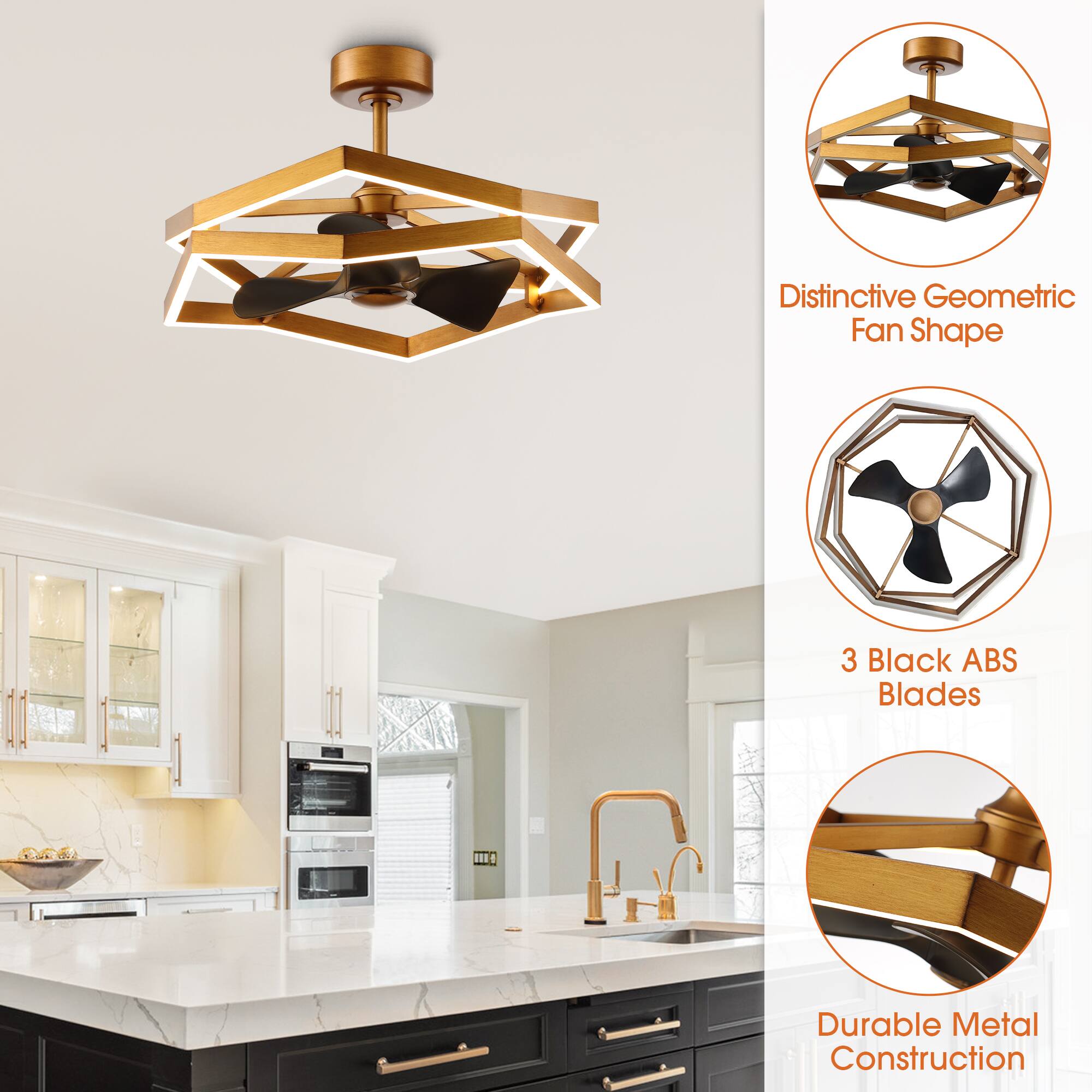 Distinctive Geometric Fan Shape  
3 Black ABS Blades  
Durable Metal Construction