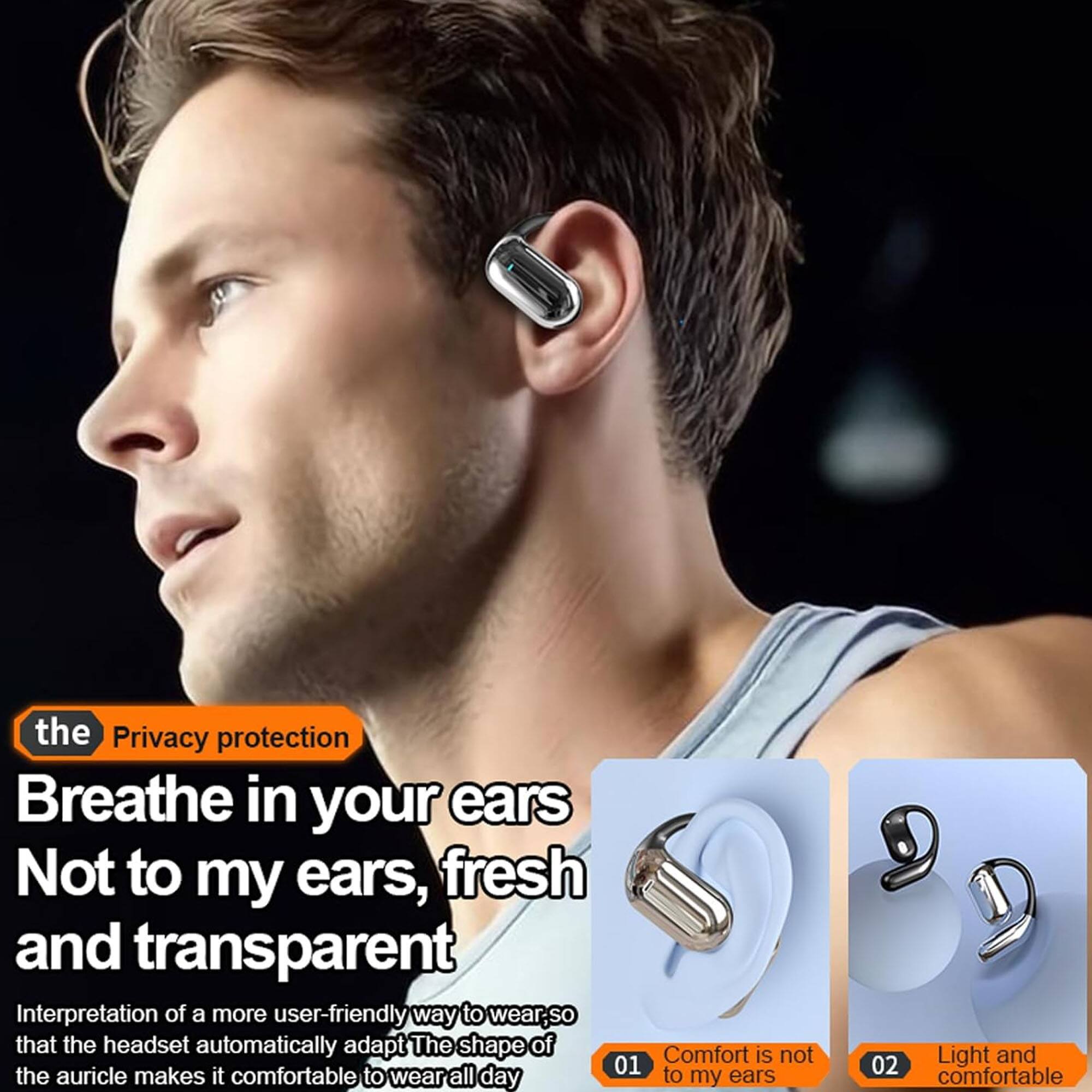 the Privacy protection  
Breathe in your ears  
Not to my ears, fresh and transparent  

Interpretation of a more user-friendly way to wear so that the headset automatically adapt The shape of the auricle makes it comfortable to wear all day  

01 Comfort is not to my ears  
02 Light and comfortable
