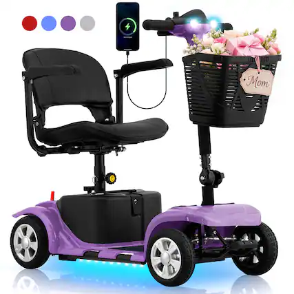 Front. Hover Heart - Heavy Duty 4 Wheel Mobility Scooter for Adults & Seniors - Portable Electric Travel Scooter with Seat, LED Light, Basket - Purple.
