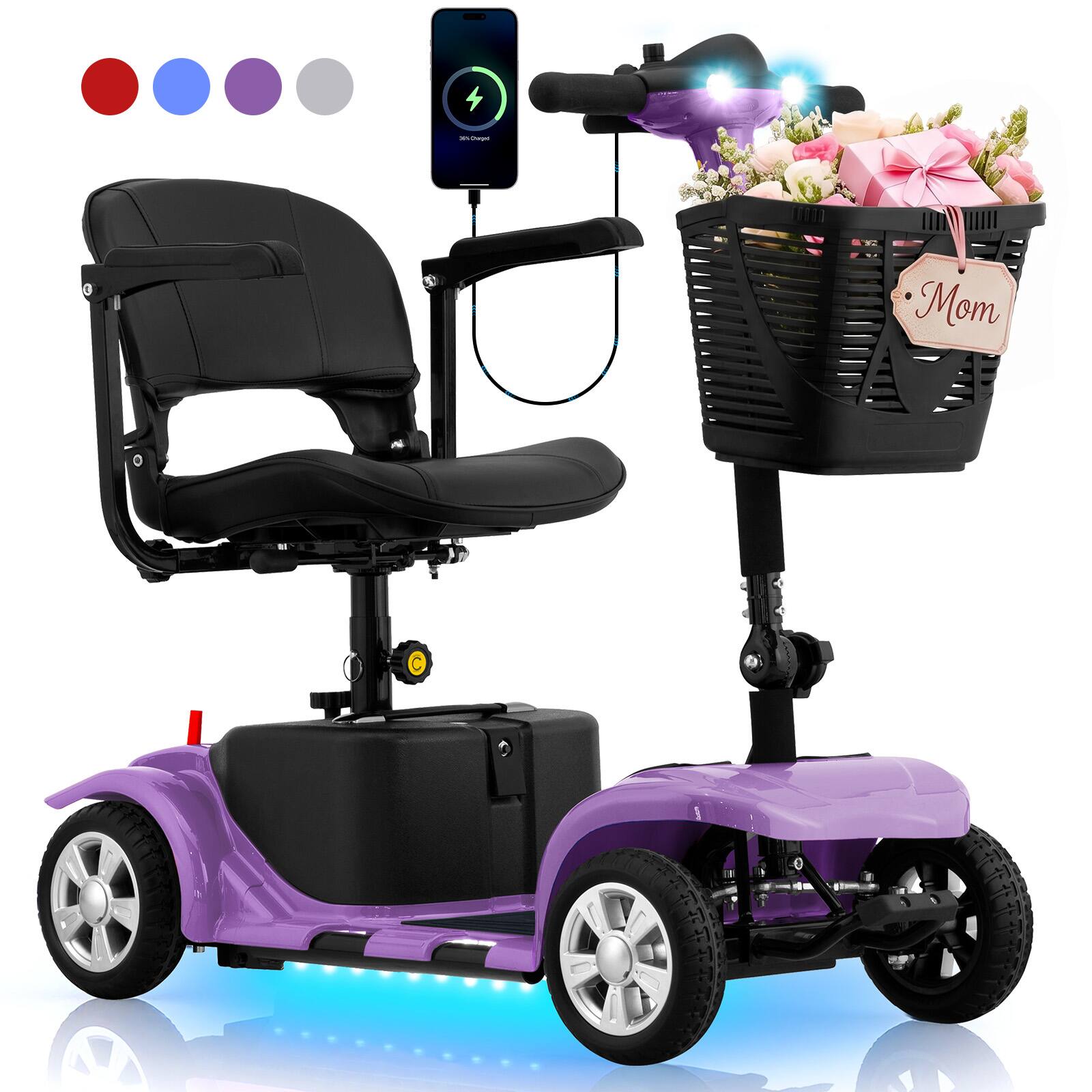 Front. Hover Heart - Heavy Duty 4 Wheel Mobility Scooter for Adults & Seniors - Portable Electric Travel Scooter with Seat, LED Light, Basket - Purple.