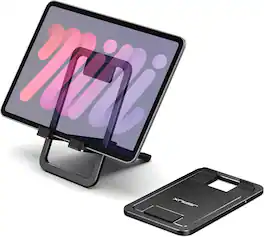 FINEAK - Foldable Universal Tablet Stand, Portable Desktop Holder for iPad, iPhone, Samsung Tab & ROG Ally - Black