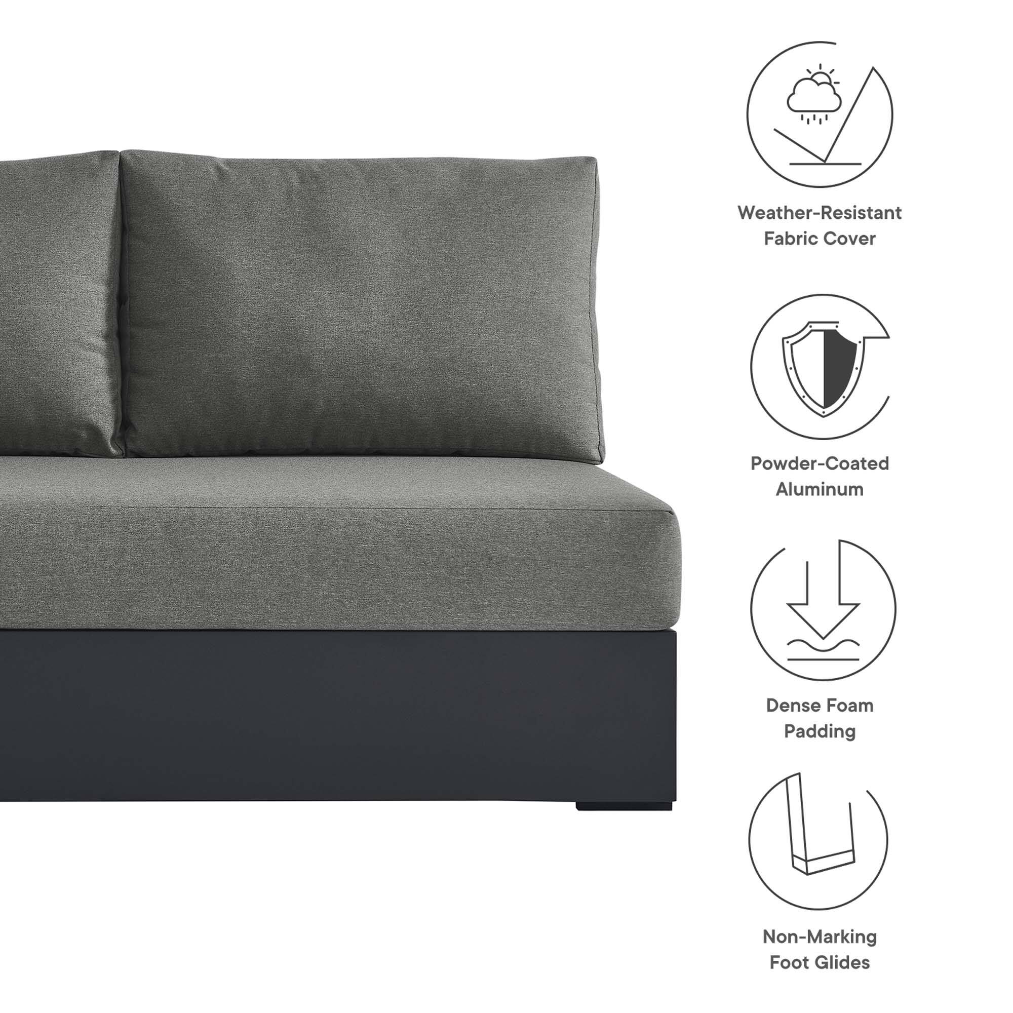 Weather-Resistant Fabric Cover  
Powder-Coated Aluminum  
Dense Foam Padding  
Non-Marking Foot Glides