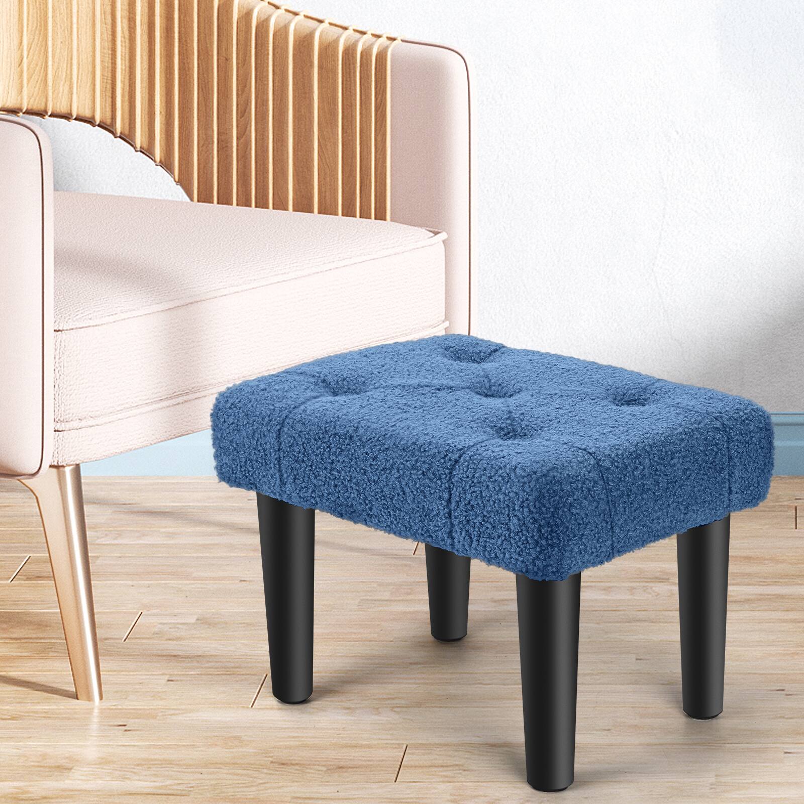 Alt View 2. Oumilen - Navy Blue Tufted Teddy Fleece Foot Stool – 4 Black Wood Legs Mini Ottoman for Living Room Bedroom Vanity - Blue.