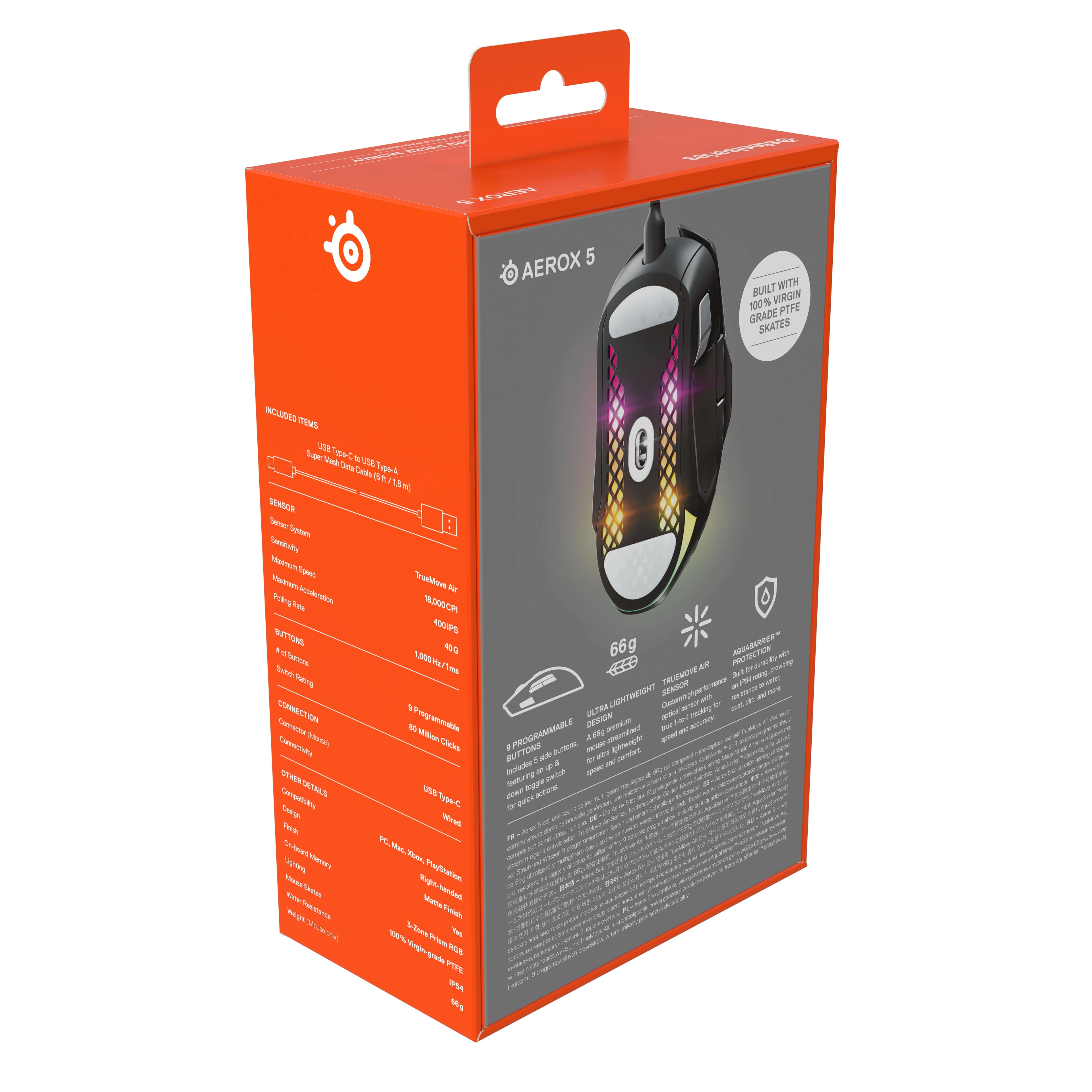 AEROX 5 DUAL SENSOR GAMING MOUSE BUILT WITH 100% VIRGIN GRADE PTFE SKATES INCLUDES ITOMA d FOOT SUPPORT WEDGE FOR SUPERIOR COMFORT AND SUPPORT TOTAL COMFORT SENSOA SENSER TEETHING SURFACE METAL BALL INCLUDES BUTTONS AND A RAFO SENSER CONNECT CABLE FOR CONTROL SIDE OF THE MOUSE.