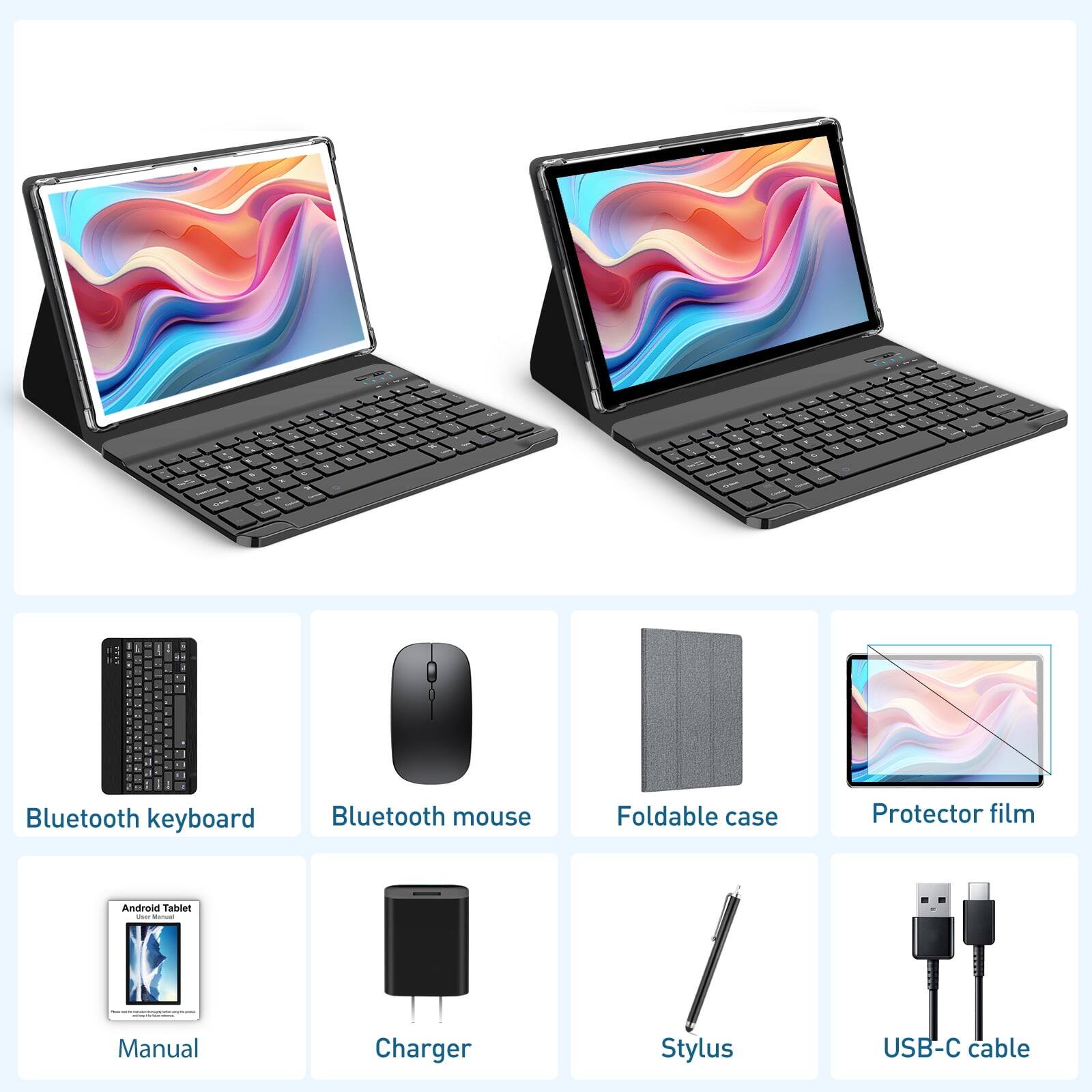 - Bluetooth keyboard
- Bluetooth mouse
- Foldable case
- Protector film
- Android Tablet
- Manual
- Charger
- Stylus
- USB-C cable
