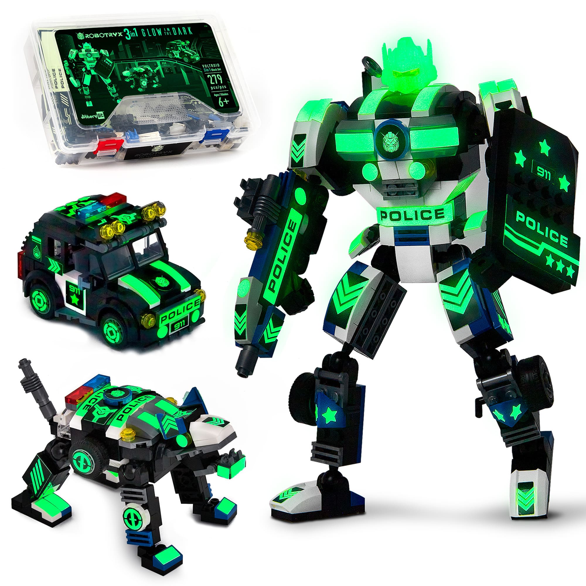 JitteryGit - Police Robot Glow in The Dark 3-in-1 Toys(279 pc) Voltroid