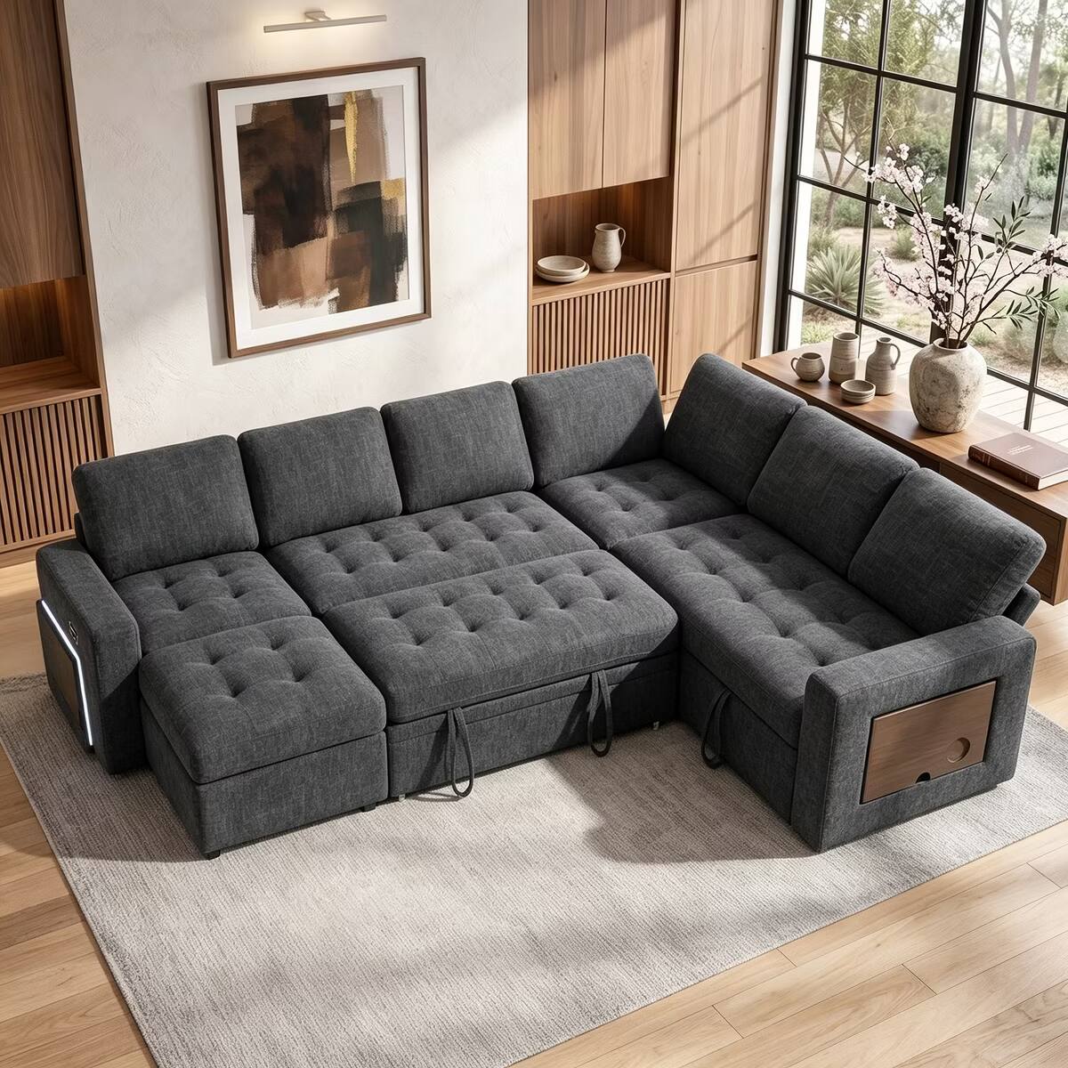 Front. Dyonery - 7 Seat L Shaped Sectional Sleeper Sofa Bed with Pull Out Bed, Sectional Sleeper Couch with Ottoman, Chenille Gray - Gray.