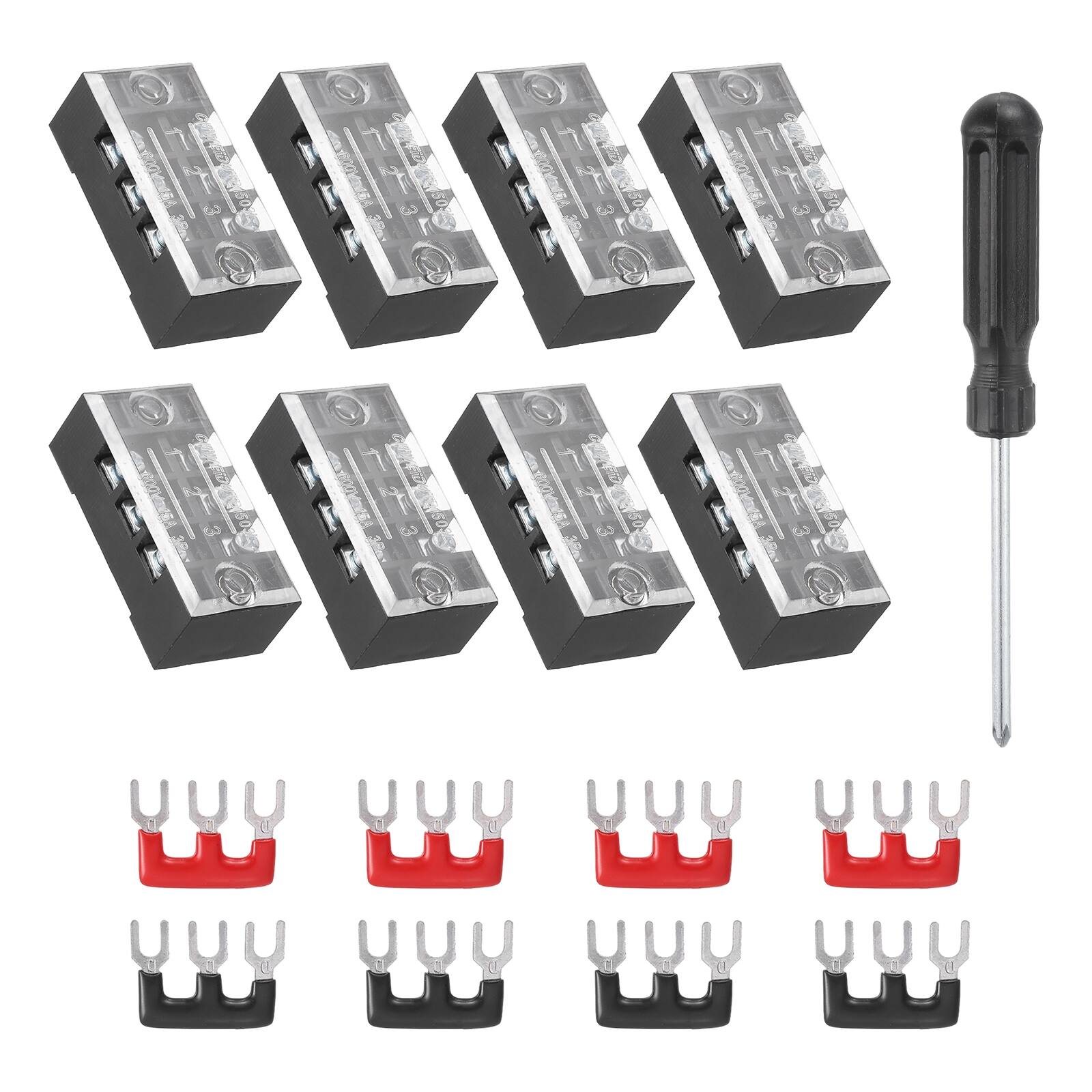 Unique Bargains - Screw Terminal Block 3 Positions, Dual Row, 600V 25A, with Screwdriver & Terminals, 8 Sets - Black