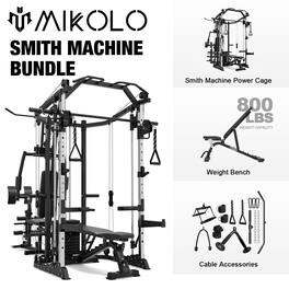Mikolo - Smith Machine Power Cage, Multi-Function Home Gym System with Cable Crossover, 121LB Weight Stack - Black
