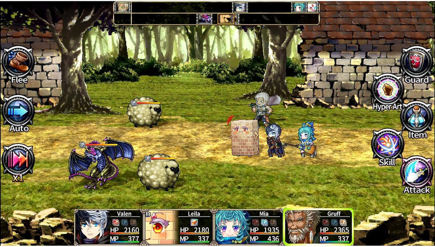Flee Guard Hyper Art Auto Item M x1 Skill Attack

Valen
HP 2160
MP 377

Leila
HP 2180
MP 337

Mia
HP 1935
MP 436

Gruff
HP 2365
MP 337