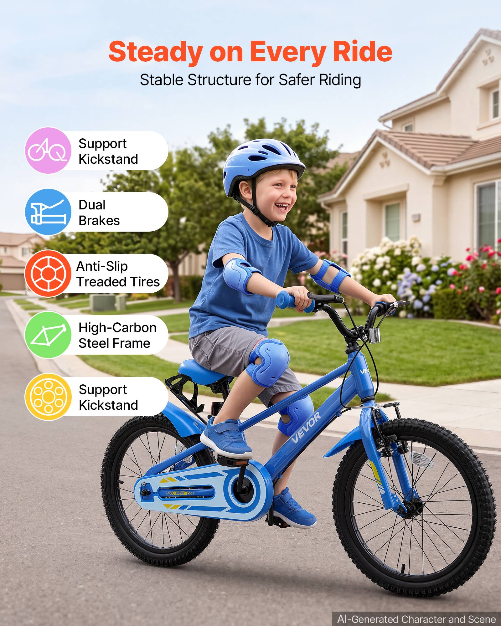 Steady on Every Ride  
Stable Structure for Safer Riding

- Support Kickstand
- Dual Brakes
- Anti-Slip Treaded Tires
- High-Carbon Steel Frame
- Support Kickstand

VEVOR

AI-Generated Character and Scene