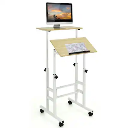 Front. Kadyn - Height Adjustable Mobile Standing Desk with rolling wheels for office and home-Natural - Brown.