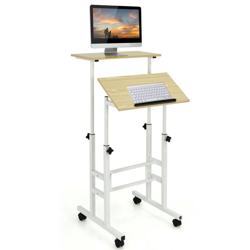 Front. Kadyn - Height Adjustable Mobile Standing Desk with rolling wheels for office and home-Natural - Brown.
