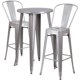 Emma + Oliver - Commercial Grade 24" Round Metal Indoor-Outdoor Bar Table Set with 2 Cafe Stools - Silver
