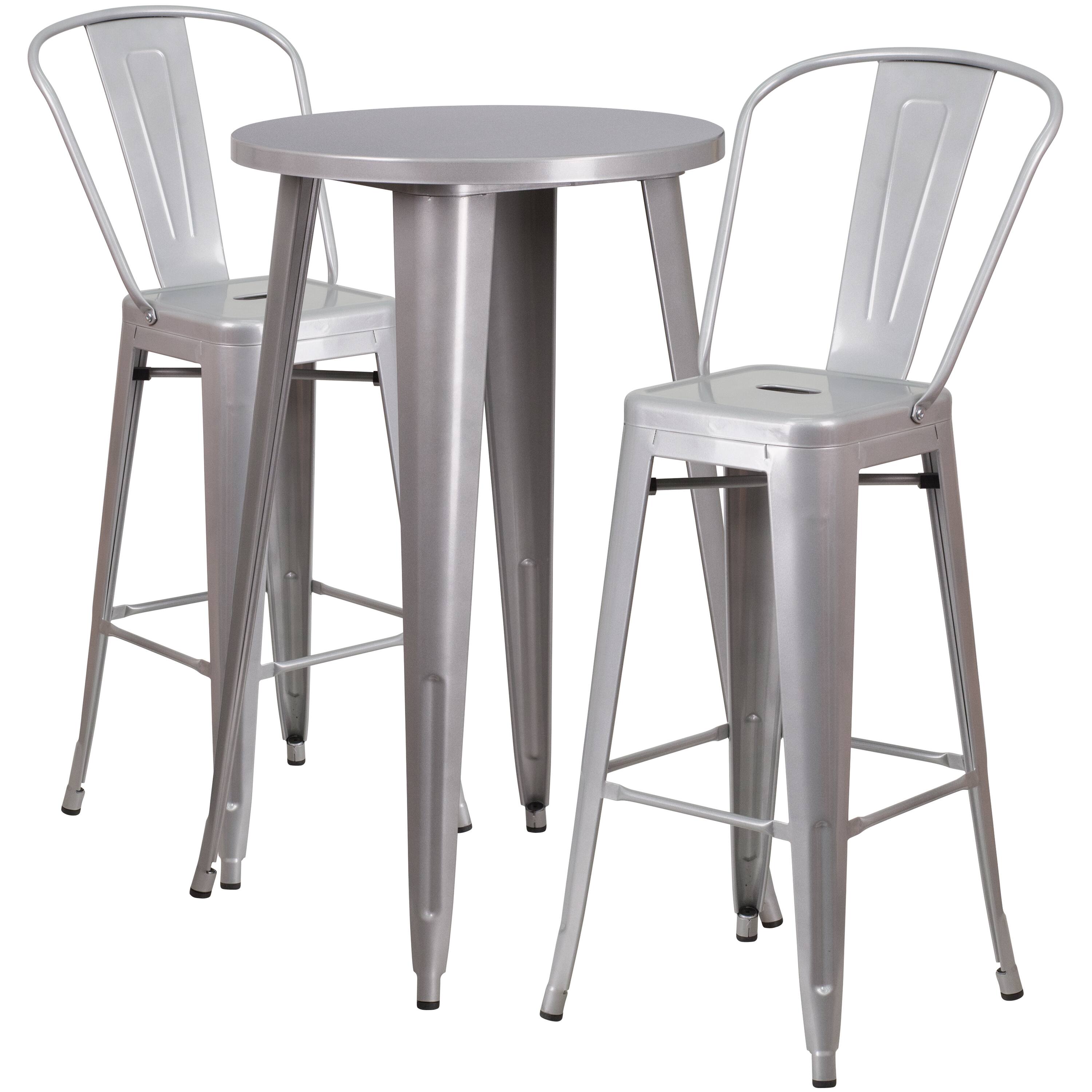 Front. Emma + Oliver - Commercial Grade 24" Round Metal Indoor-Outdoor Bar Table Set with 2 Cafe Stools - Silver.