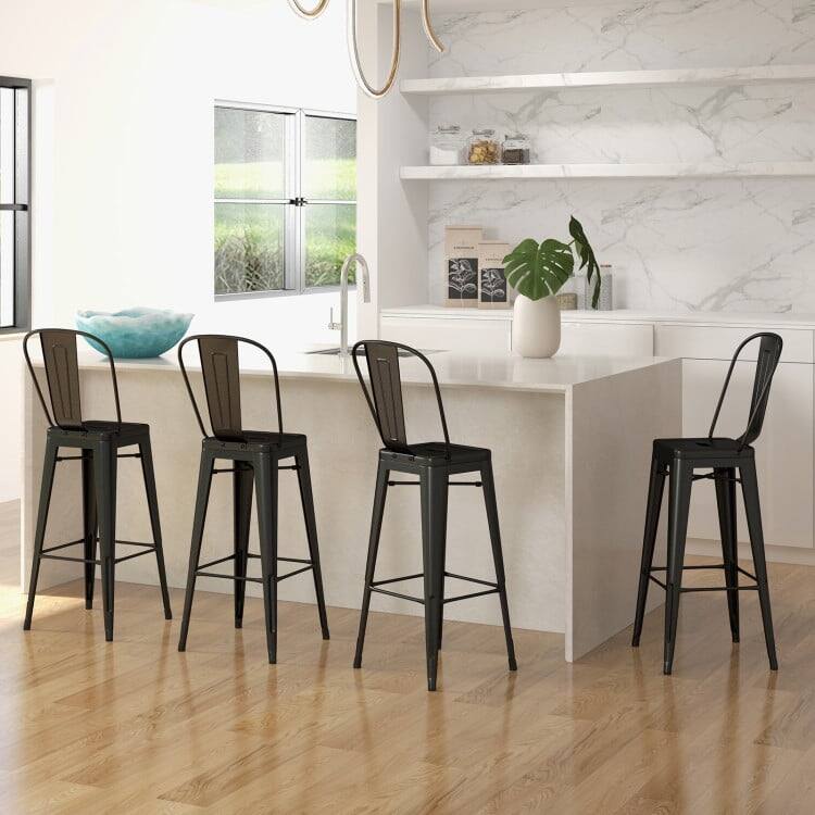 Alt View 2. Pefilos - 30 Inch Height Set of 4 High Back Metal Industrial Bar Stools-Black, Bar Height Stools, Counter Height Bar Stools - Black.