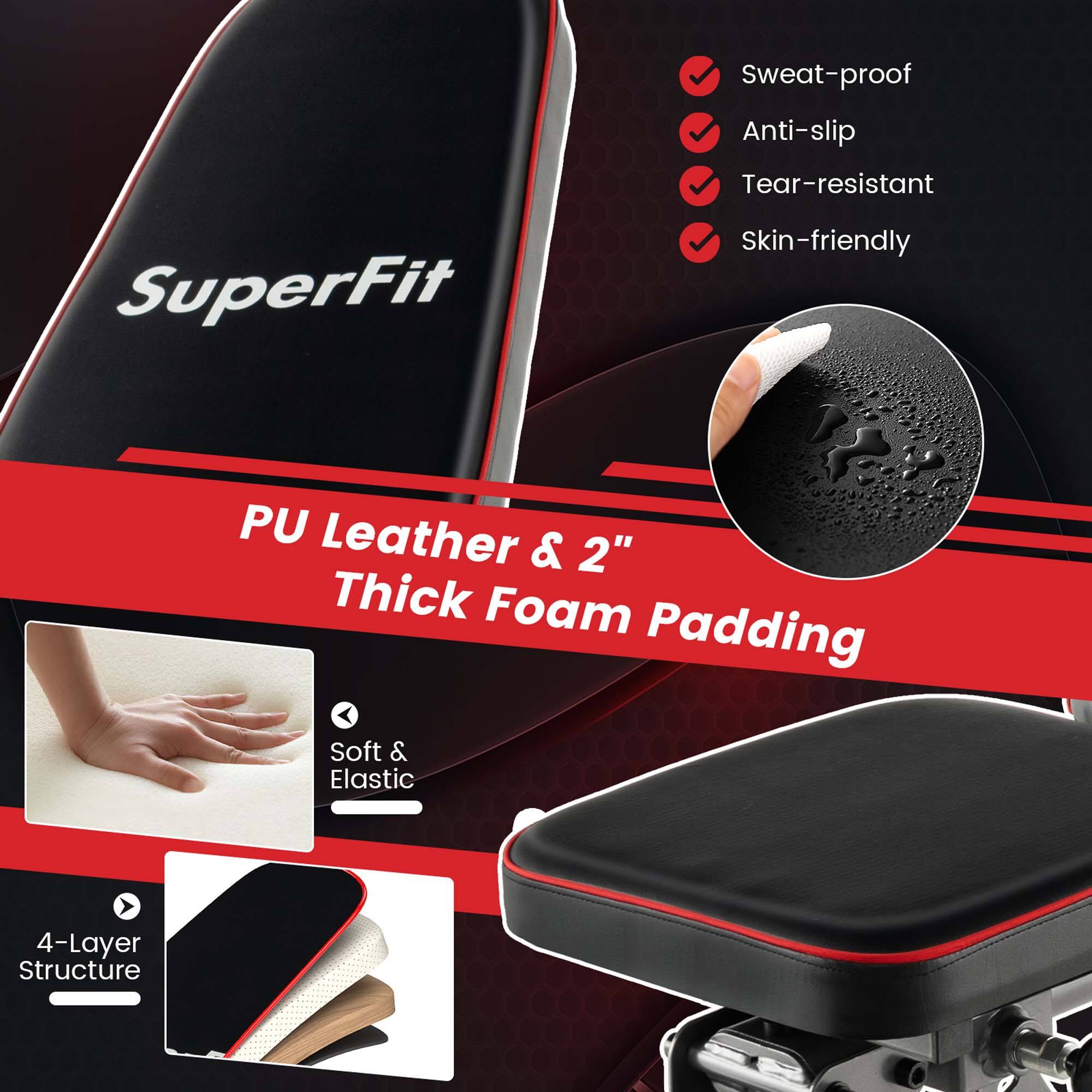 The text on the image is grouped and corrected as follows:
"Sweat-proof, anti-slip, tear-resistant, SuperFit skin-friendly PU leather & 2" thick foam padding, soft & elastic 4-layer structure."