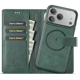 Dteck - For iPhone 17 Pro RFID Wallet Case with Card Pocket Shockproof Leather 2-in-1 Detachable Back Cover - Green