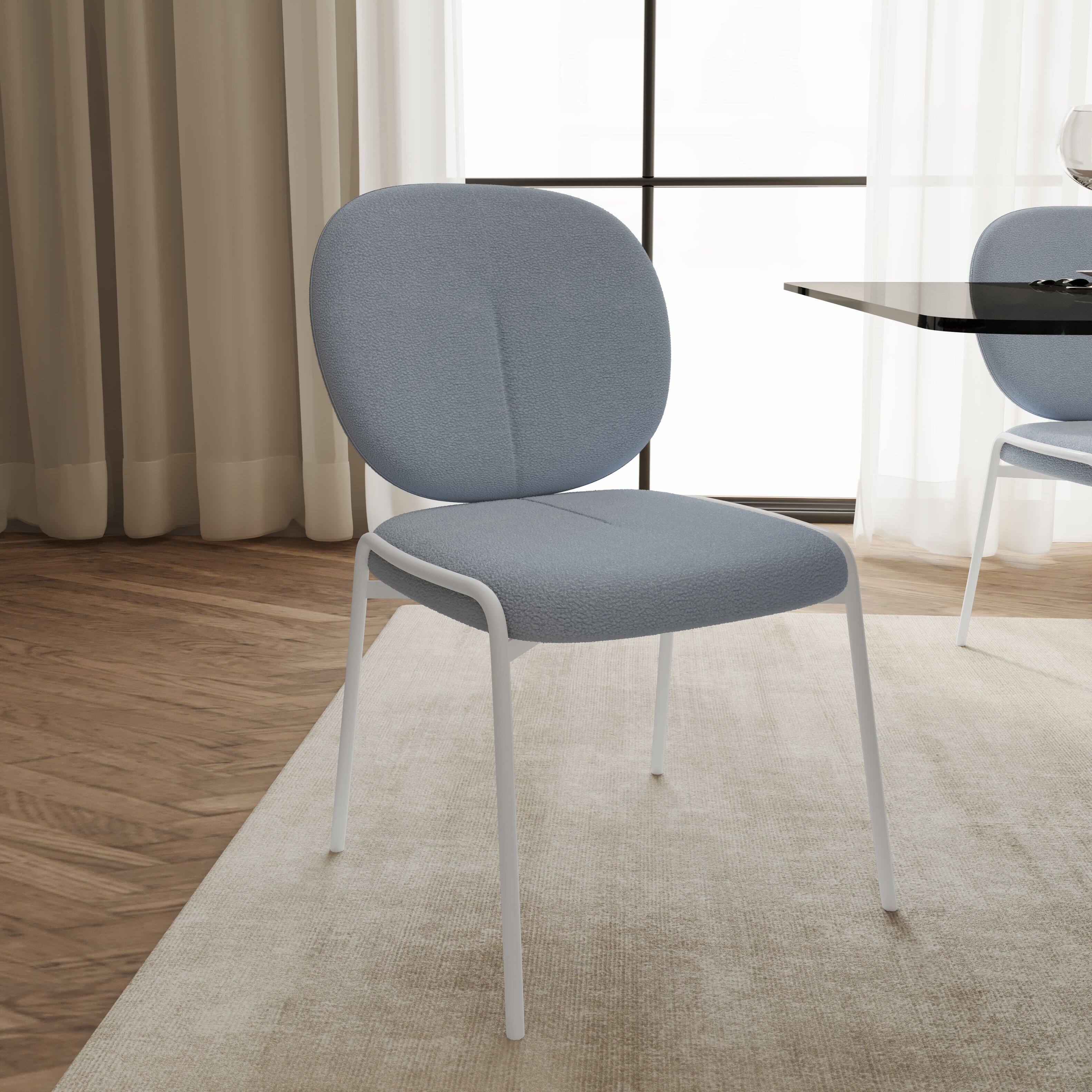 Angle. LeisureMod - Celestial Luxury Boucle Dining Chair, Modern Curved Back Accent Side Chair - Textured Teddy Fabric - Blue.