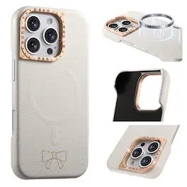 Dteck - Luxury PU Leather Texture Magnetic Case for Apple iPhone 16 Pro Max with Diamond Lens Border, Shockproof Hard PC Cover - White