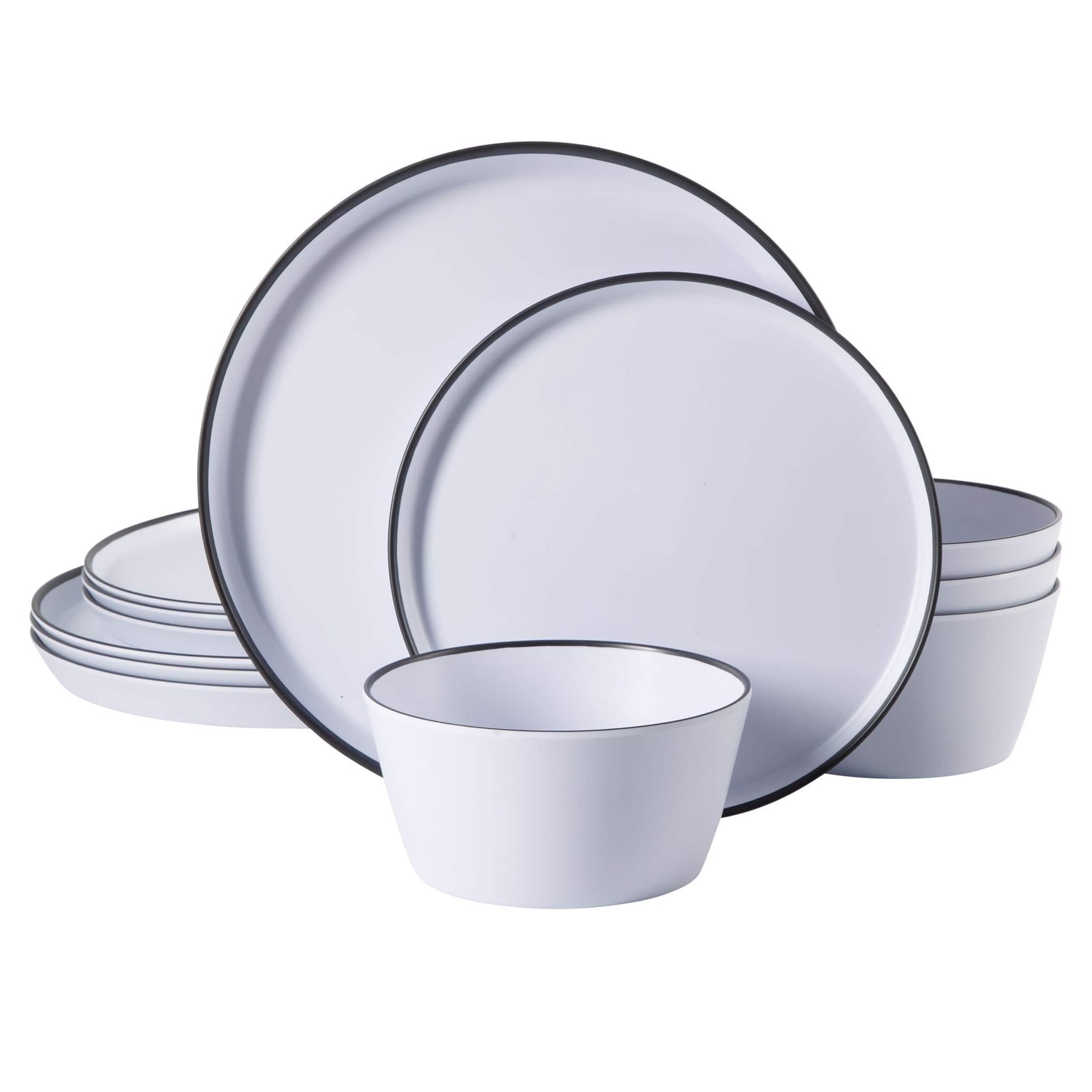 Gibson - Home Folsom Shores 12 Piece Melamine Dinnerware Set in White w/ Black Rim - White and Black Rim