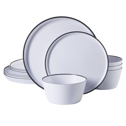 Front. Gibson - Gibson Home Folsom Shores 12 Piece Melamine Dinnerware Set in White w/ Black Rim - White and Black Rim.