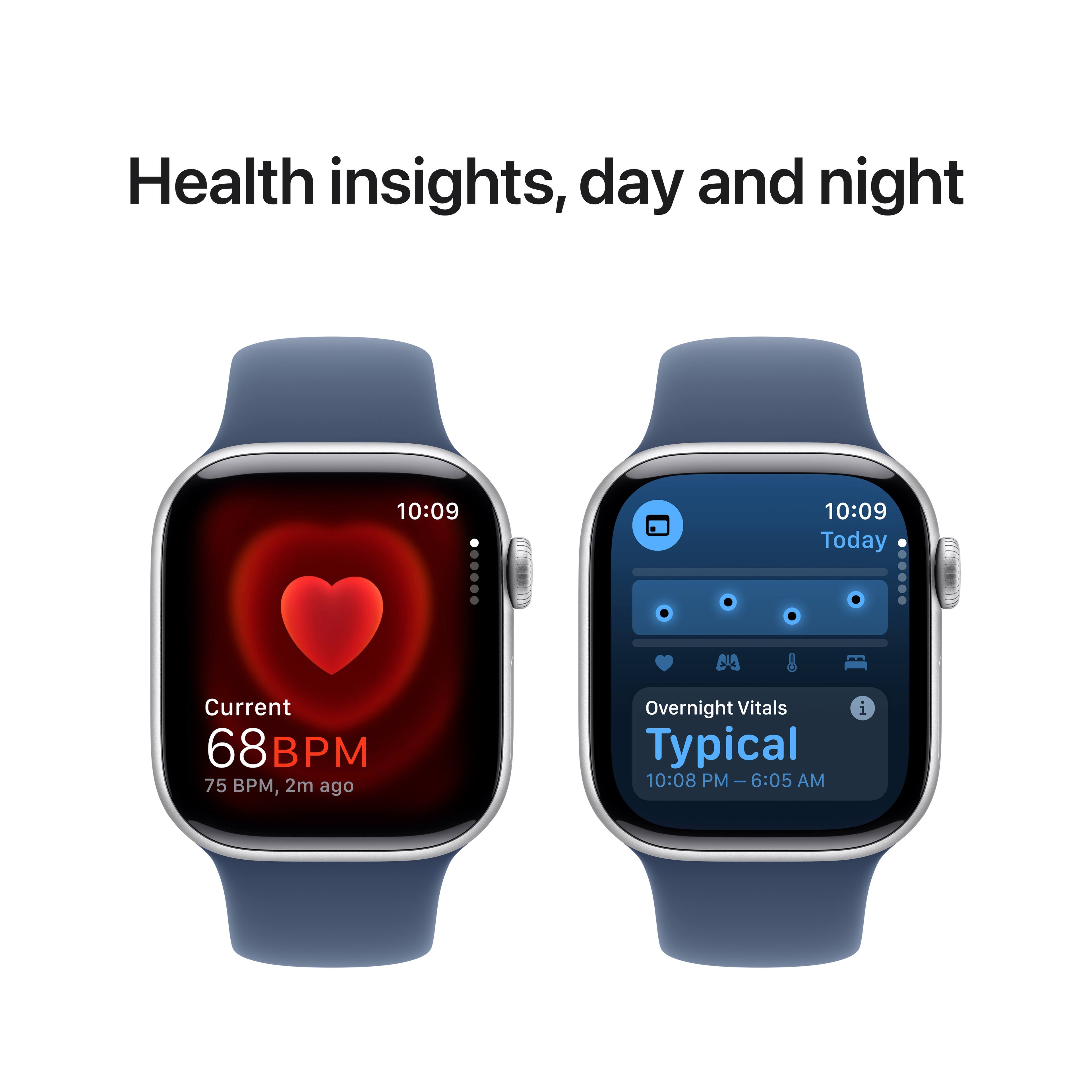 Health insights, day and night. 10:09. Current: 68 BPM. 75 BPM, 2m ago. 10:09. Today. Overnight Vitals. Typical. 10:08 PM - 6:05 AM.