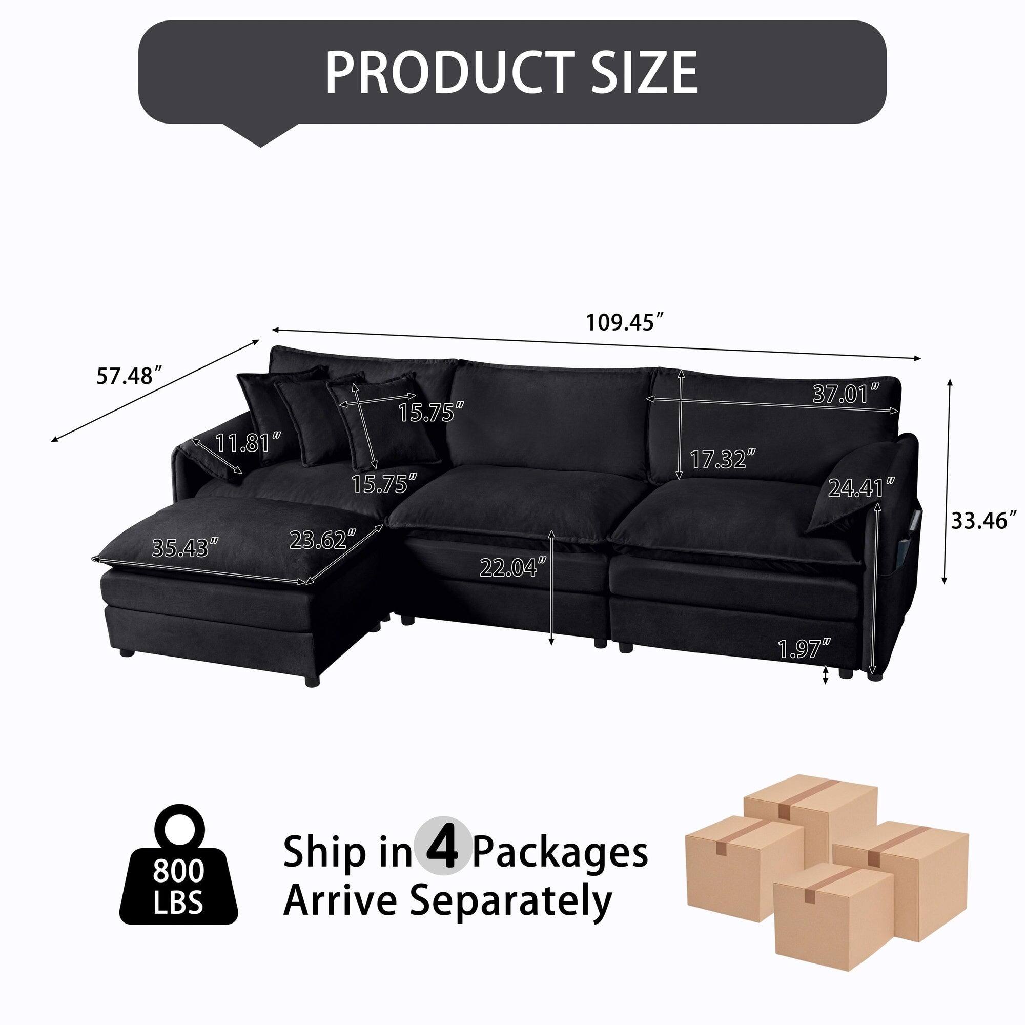 PRODUCT SIZE  
109.45"  
57.48"  
15.75"  
11.81"  
15.75"  
35.43"  
23.62"  
22.04"  
17.32"  
37.01"  
24.41"  
33.46"  
1.97"  

800 LBS  
Ship in 4 Packages  
Arrive Separately