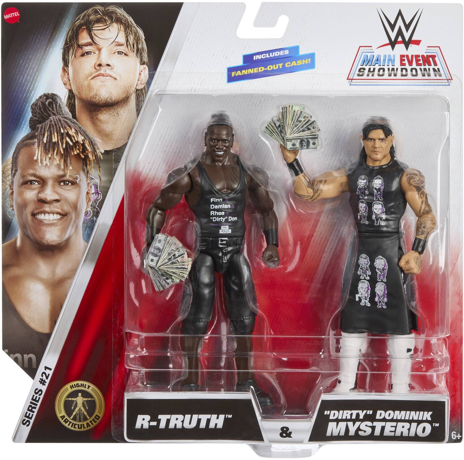 MATTEL INCLUDES CASH! FANNED-OUT W MAIN EVENT SHOWDOWN Finn Damlan Rhea "Dirty" Dom - Ni 1 inn #21 HIGHLY SERIES ARTICULATED R-TRUTH "DIRTY" DOMINIK TM & MYSTERIO 6+