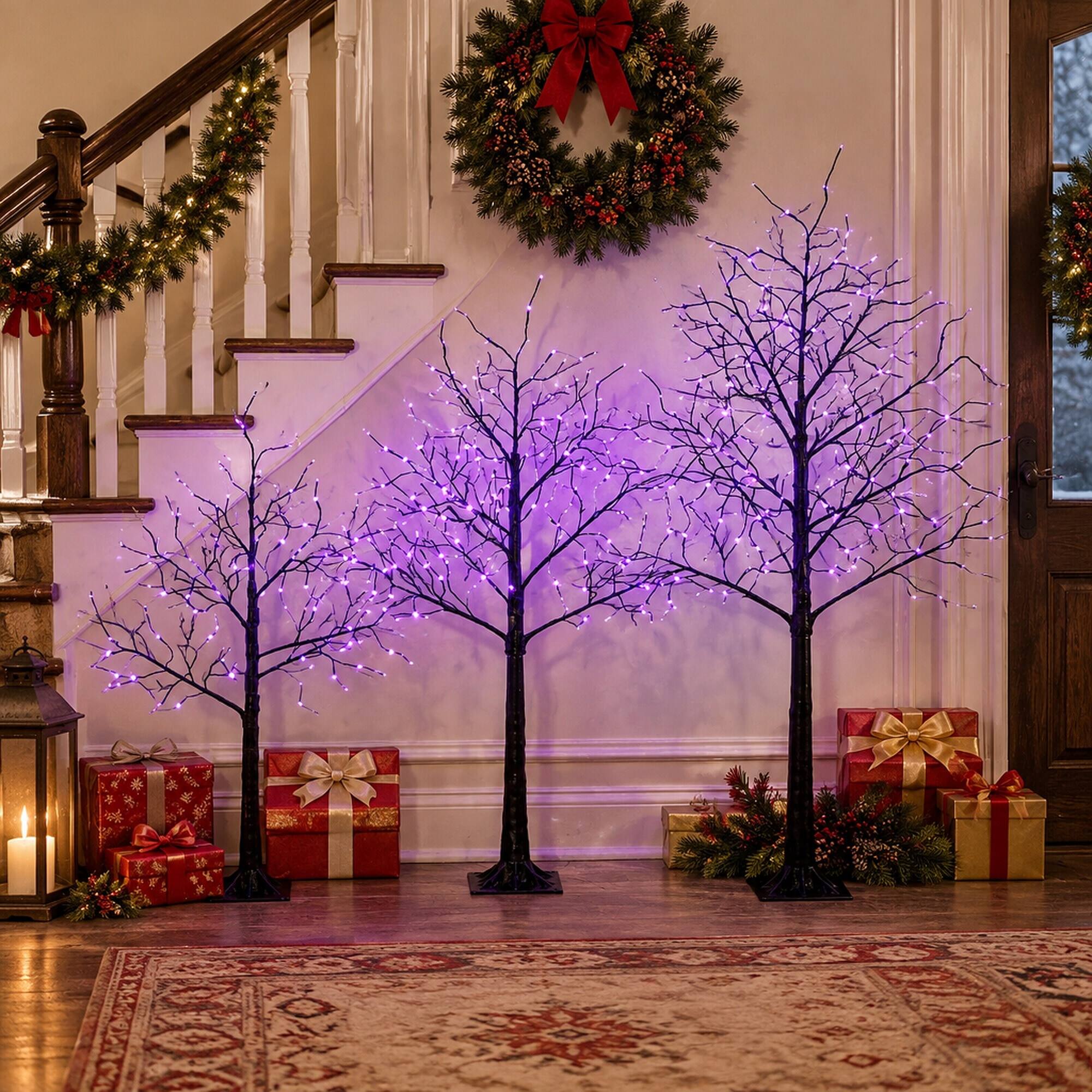 Alt View 1. RYHNUYNE - 3-Pack Black Christmas Tree Set, 4FT 5FT 6FT Sizes Purple LED Lights Lighted Xmas Holiday Decor - Black,Purple.