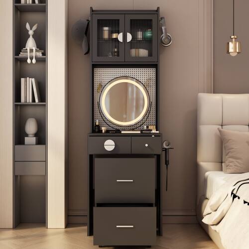 Alt View 8. Winado - Small Space Makeup Vanity Set LED Lighted Mirror Power Outlet & DIY Pegboard, Hidden Storage Under the Seat - Black.