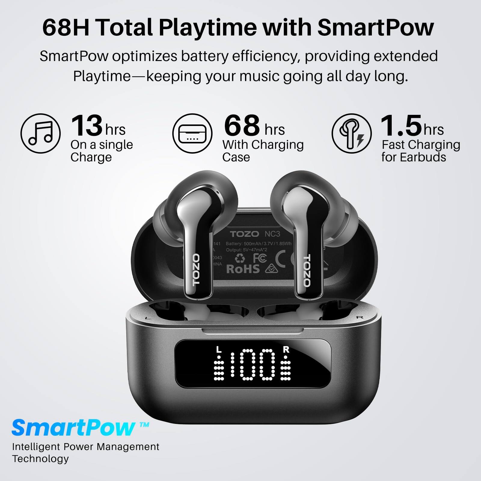 68H Total Playtime with SmartPow

SmartPow optimizes battery efficiency, providing extended Playtime—keeping your music going all day long.

- 13 hrs On a single Charge
- 68 hrs With Charging Case
- 1.5 hrs Fast Charging for Earbuds

SmartPow™ Intelligent Power Management Technology