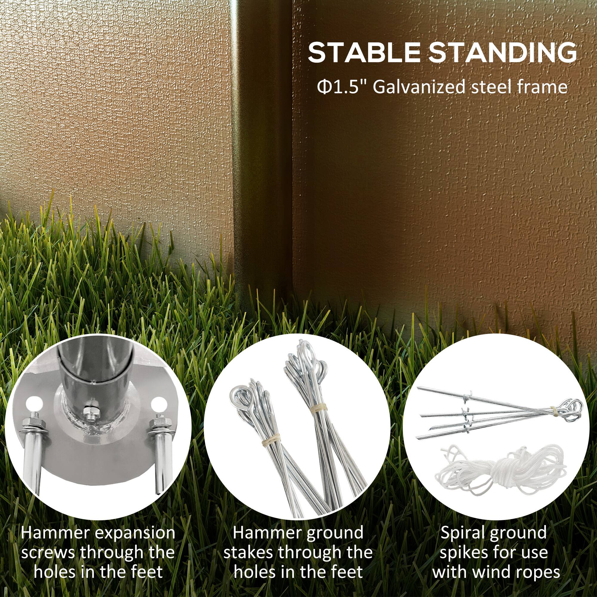 STABLE STANDING

1.5" Galvanized steel frame

Hammer expansion screws through the holes in the feet
Hammer ground stakes through the holes in the feet
Spiral ground spikes for use with wind ropes