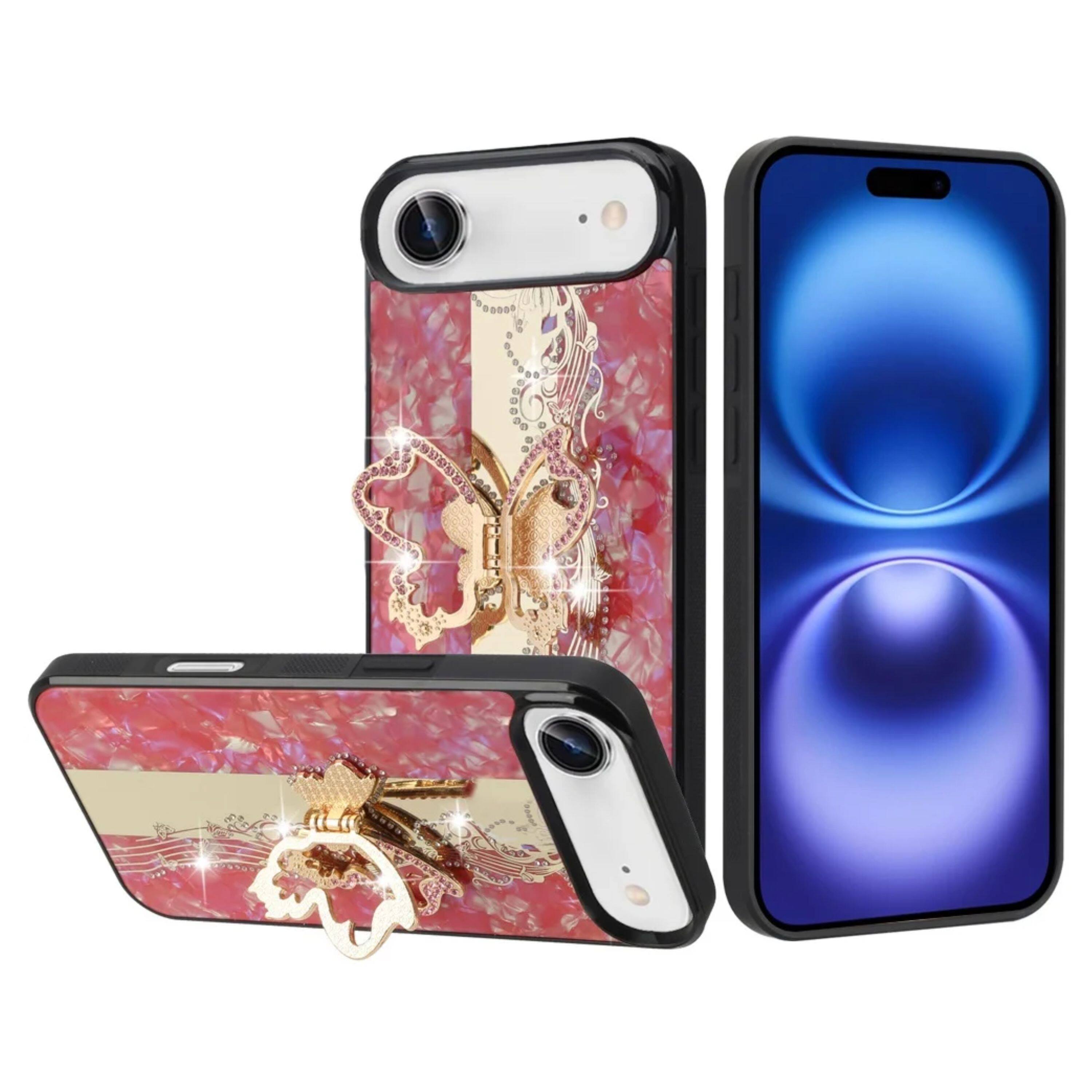 Left. Kitcheniva - Enchanted Butterfly Design Rhinestone Glitter Phone Case With Tempered Glass For iPhone Air Red - Red.